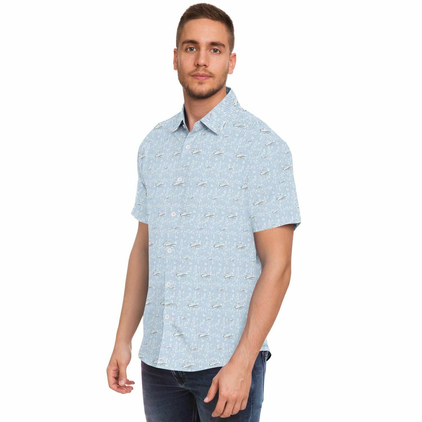 CIRRUS white grey aircraft printed Short Sleeve Button Down Shirt - poplin