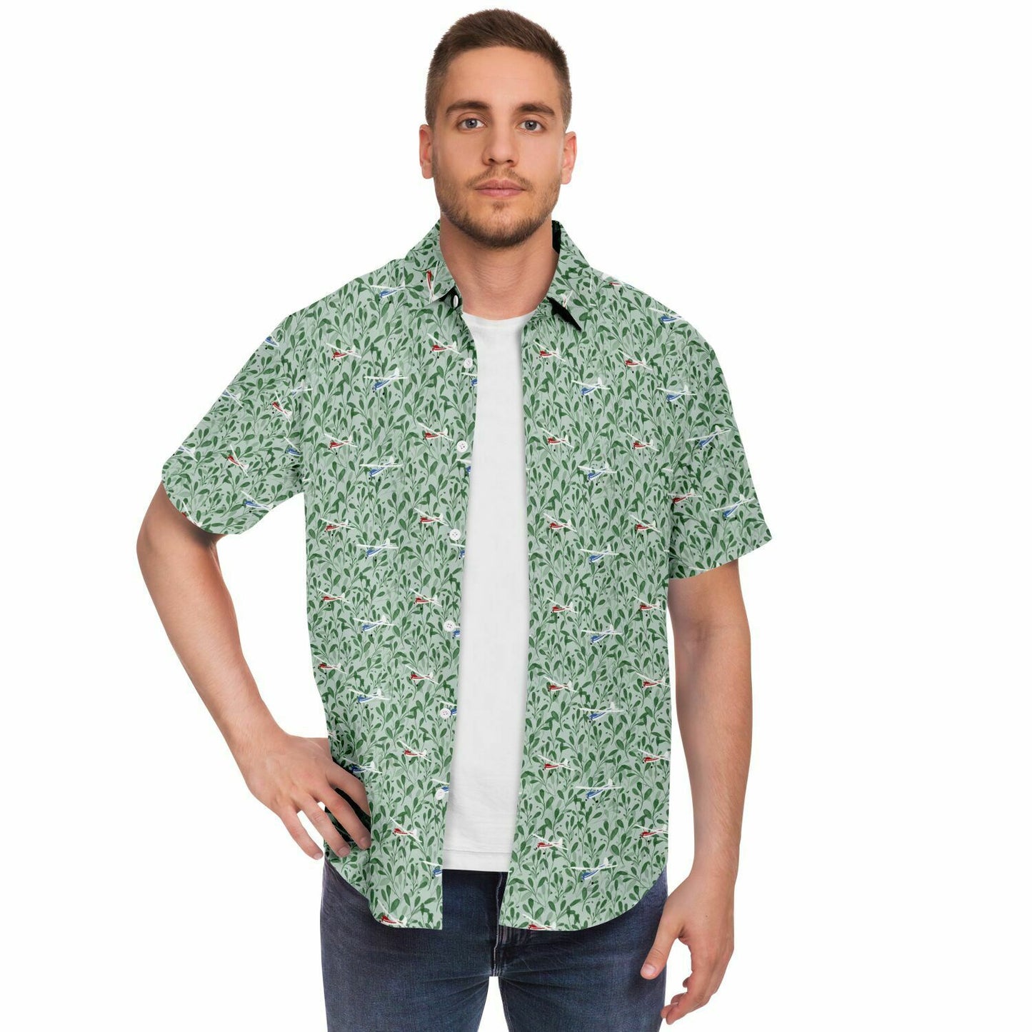 CESSNA 170 Printed Short Sleeve Button Down Shirt - Green leaf - poplin