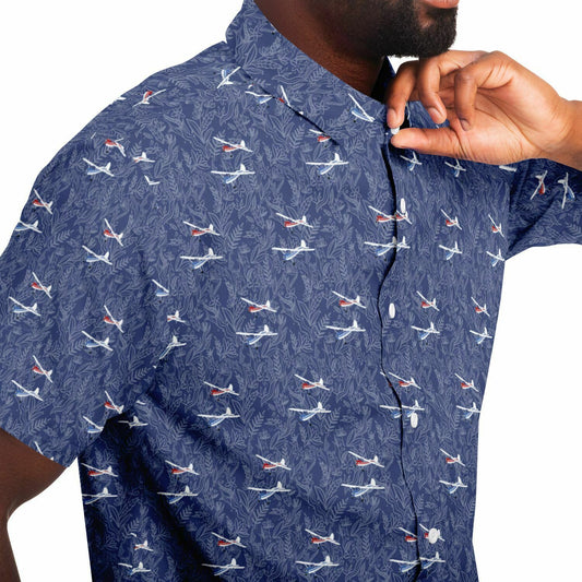 Cessna 170 Printed Short Sleeve Button Down Shirt - navy botanical pattern - poplin