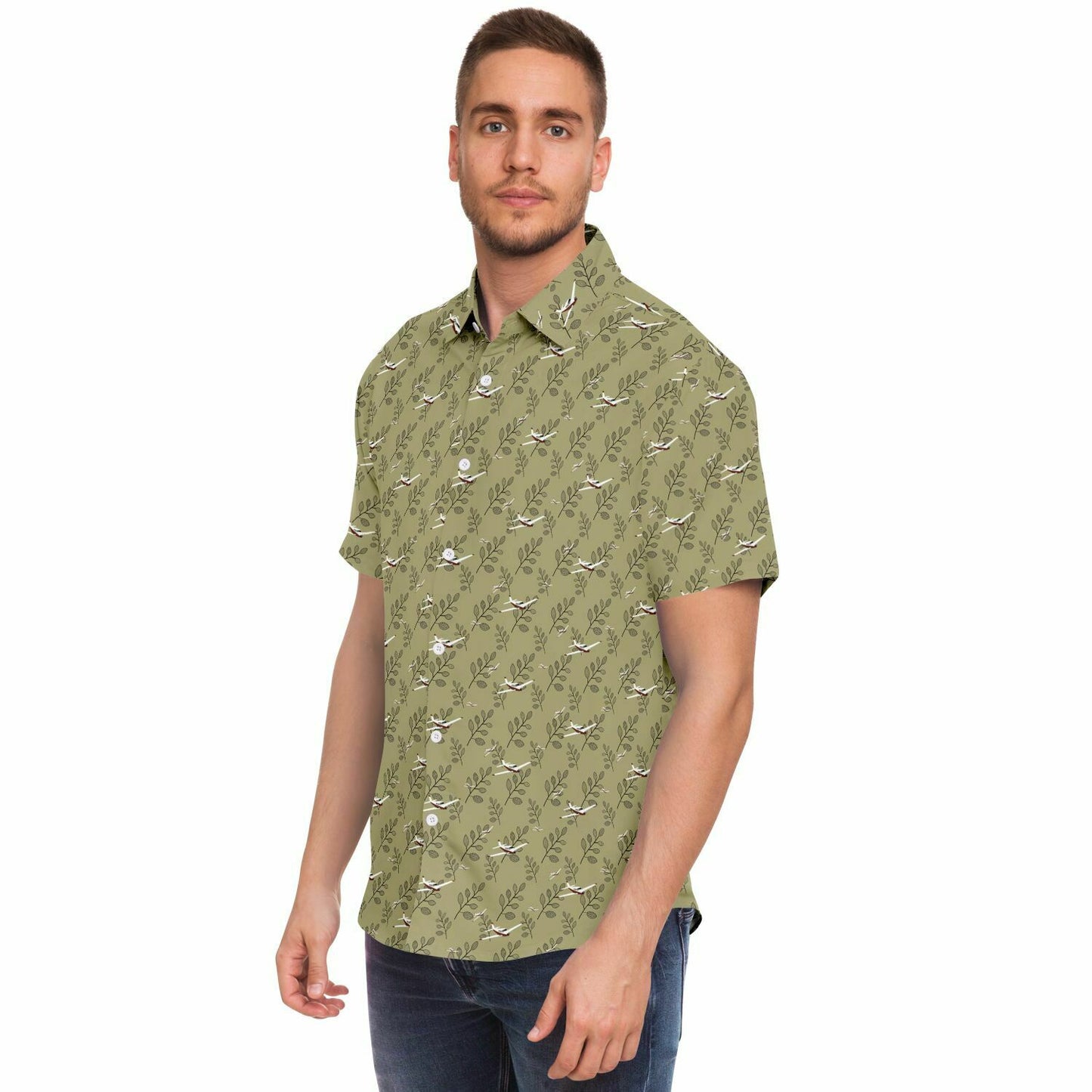 PIPER COMANCHE printed Short Sleeve Button Down Shirt - Olive - poplin