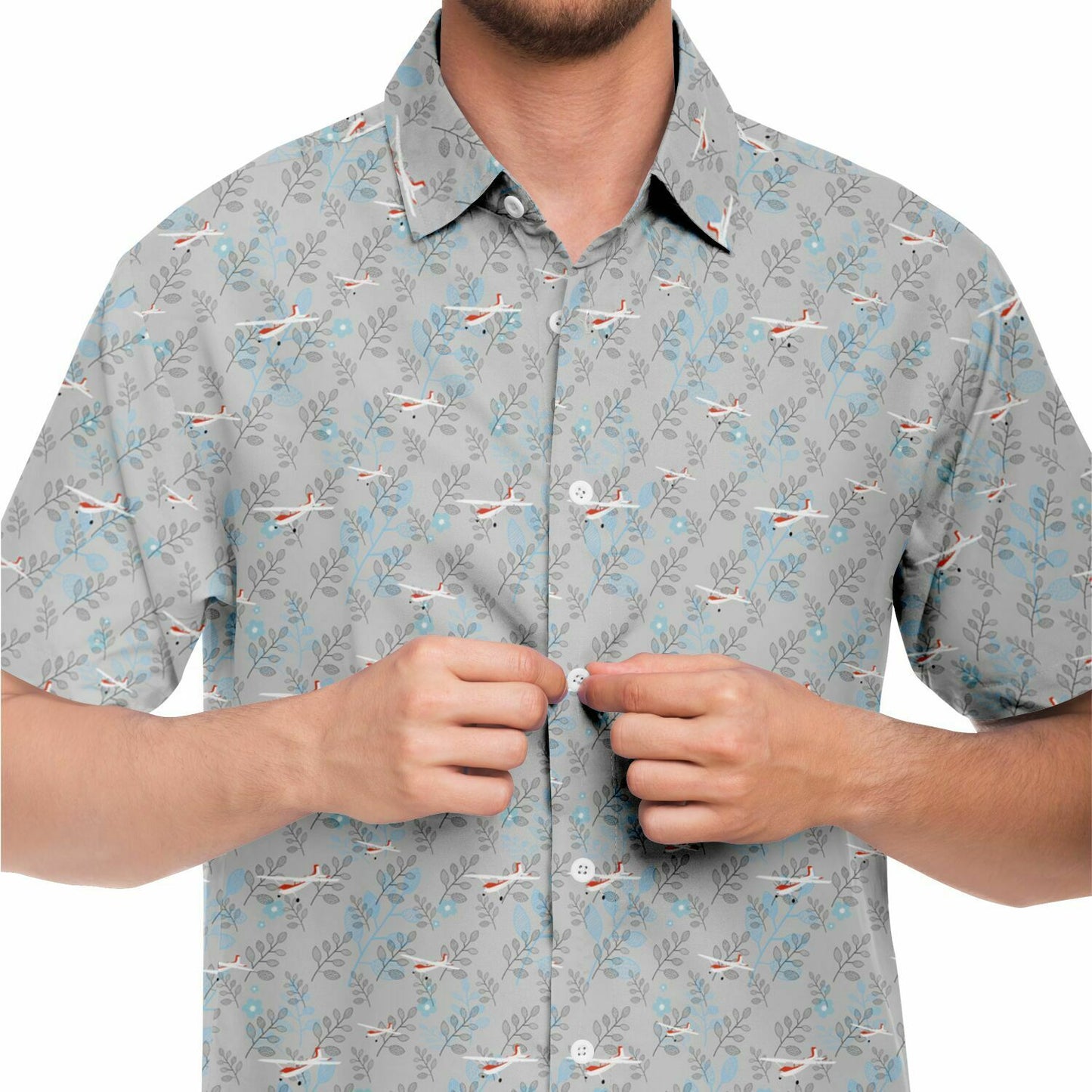 CESSNA 180 Skywagon Printed Short Sleeve Button Down Shirt - Botanical Light grey - poplin