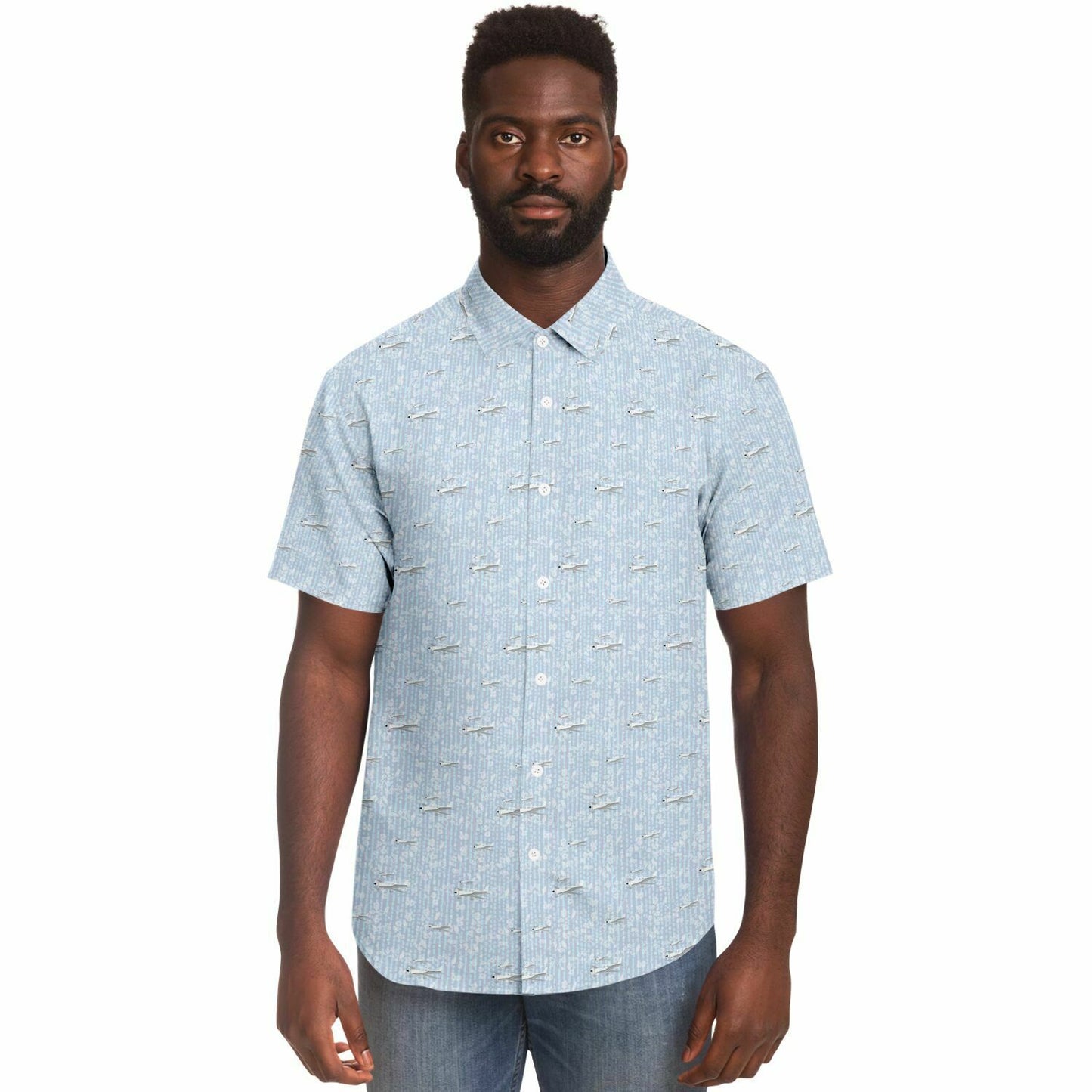 CIRRUS white grey aircraft printed Short Sleeve Button Down Shirt - poplin