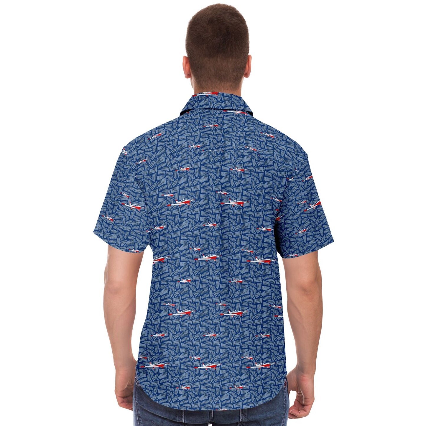 Button-down CHEROKEE aircraft printed Short Sleeve Button Down Shirt - Blue - poplin