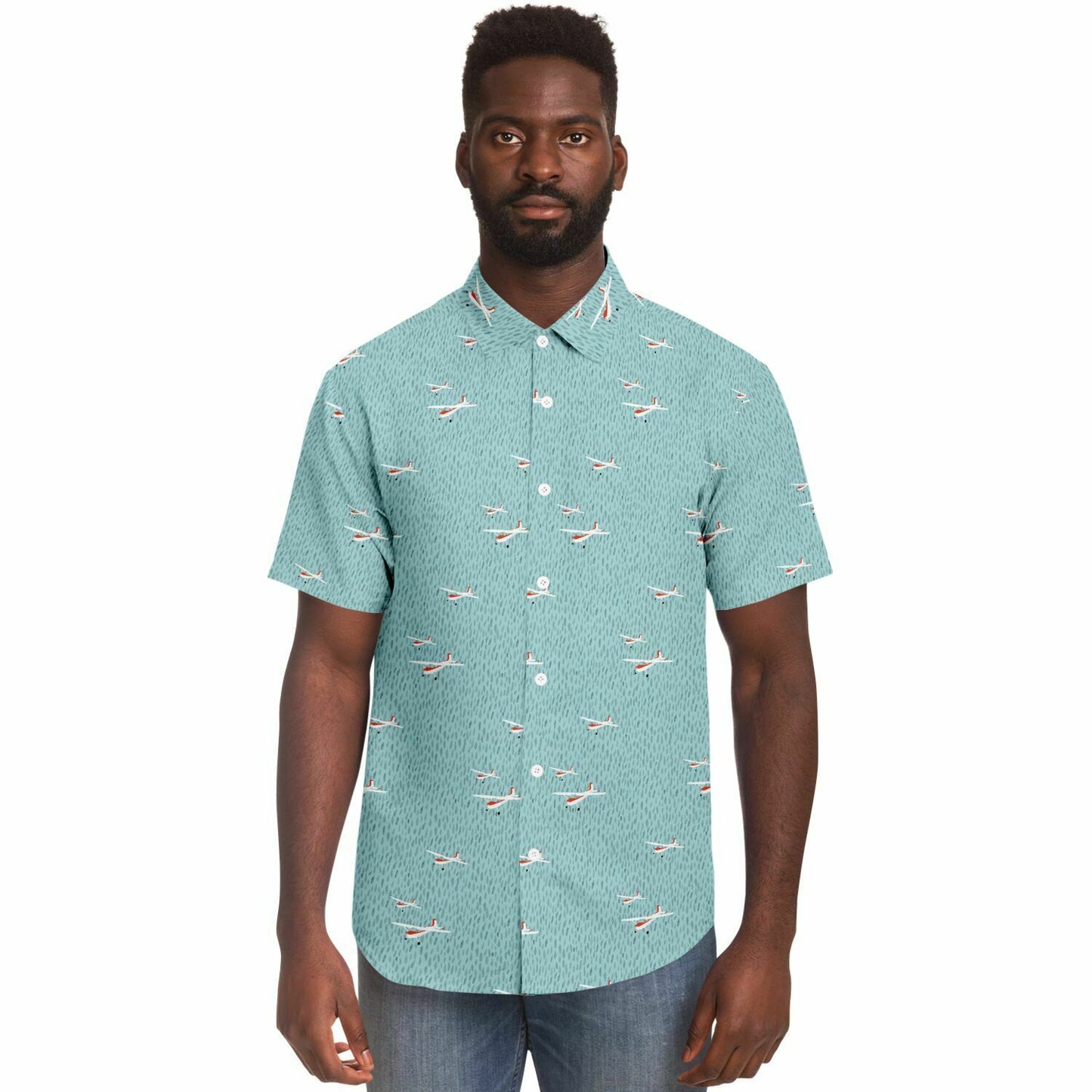 CESSNA 180 Skywagon Printed Short Sleeve Button Down Shirt - Light Turquoise - Poplin