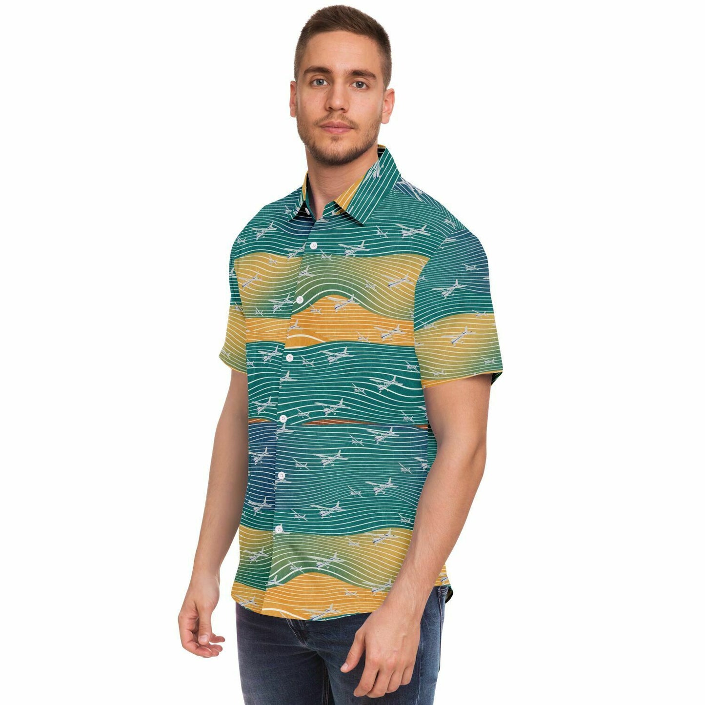 Button-down shirt  CESSNA 172 Skyhawk silver-polished plane Aviation teal abstract line poplin feel- Short-sleeve