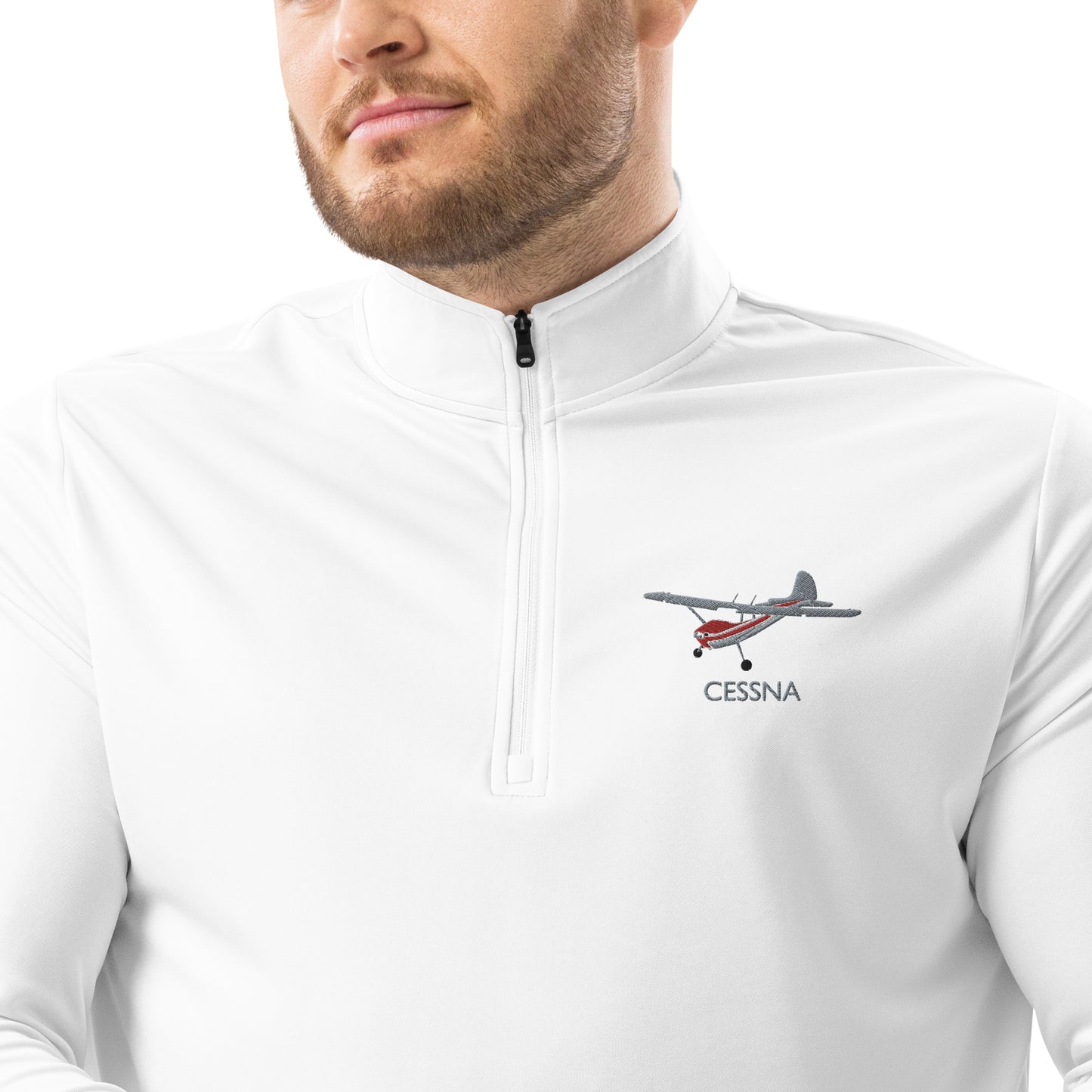 CESSNA 170 Polished grey - Red Embroidered ECO Sustainable UPF 50+ Quarter zip pullover - Recycled Polyester.