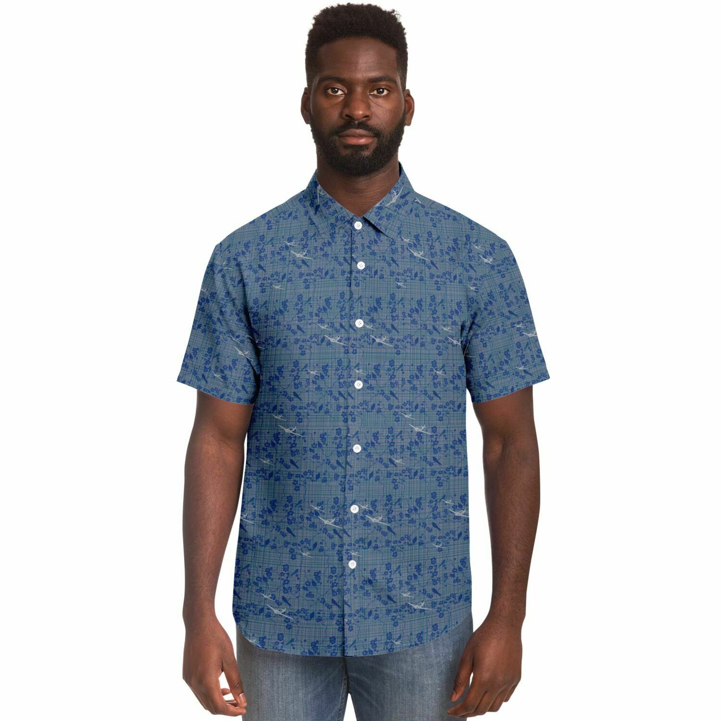 Button-down shirt SWIFT aircraft Short Sleeve whimsical navy background  print