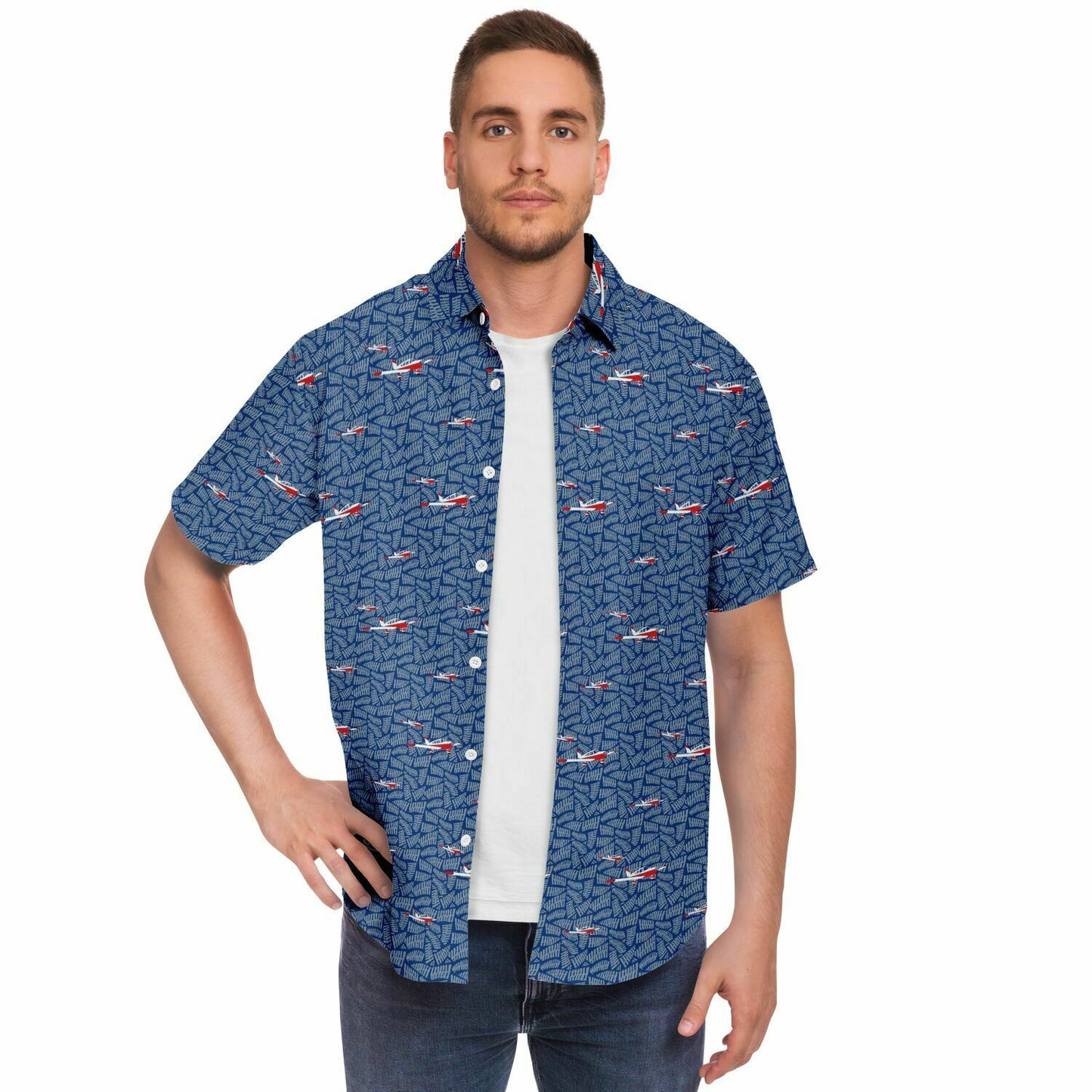 Button-down CHEROKEE aircraft printed Short Sleeve Button Down Shirt - Blue - poplin