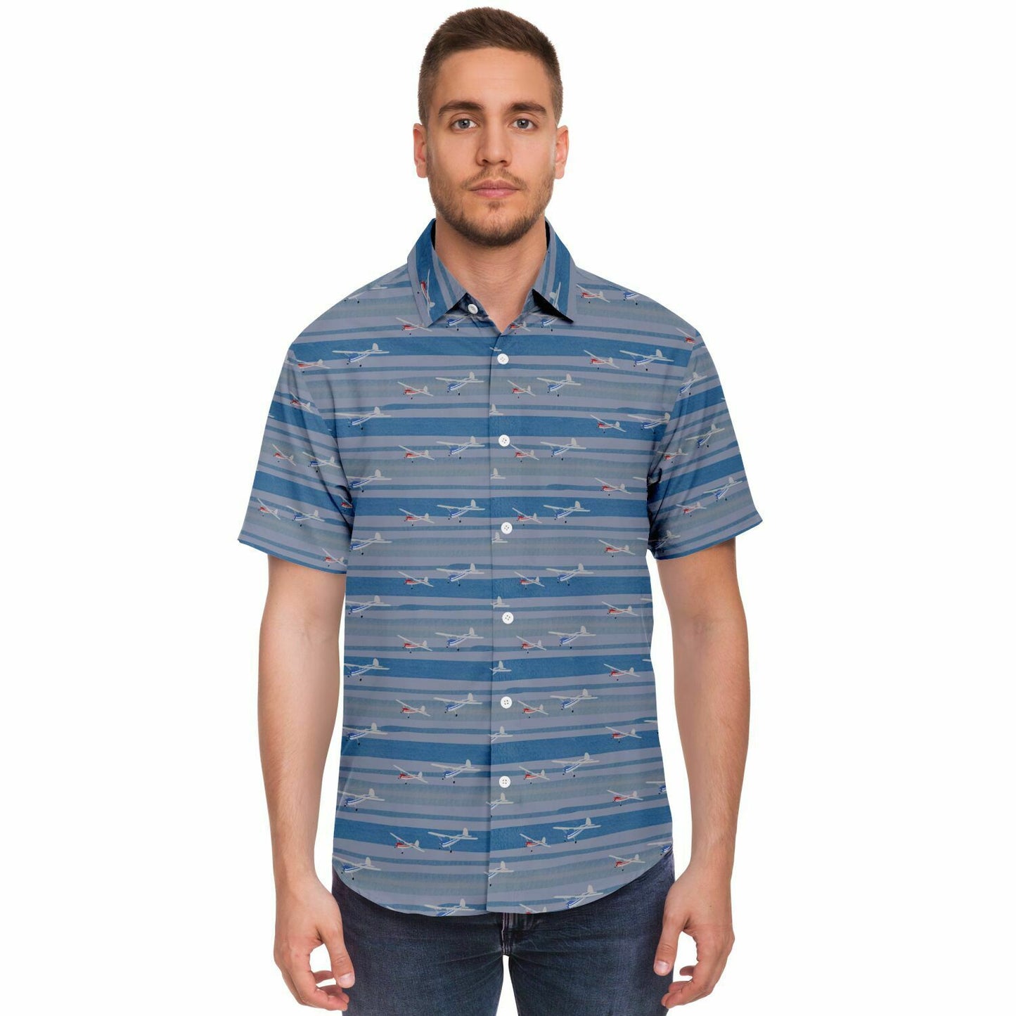 Button-down striped shirt CESSNA 140 red and blue aircrafts - poplin feel- Short-sleeve copy