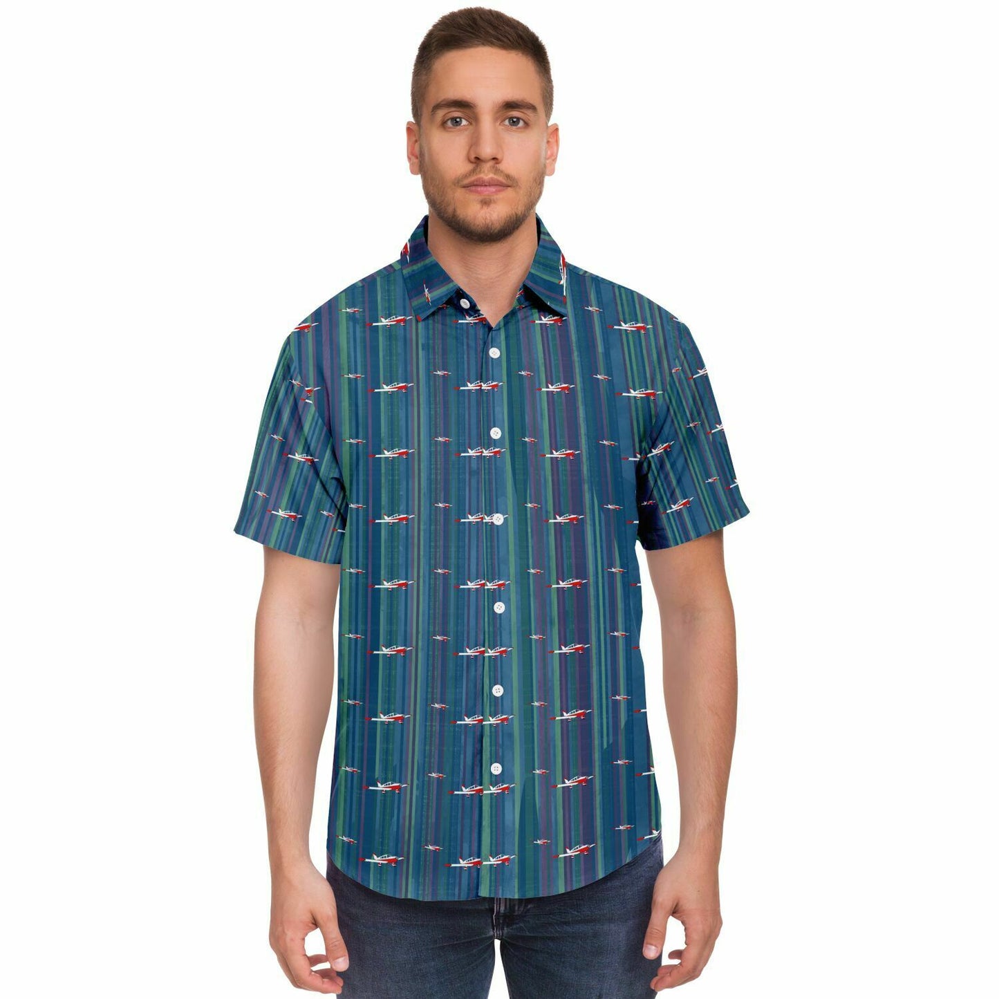 CHEROKEE aircraft Printed Short Sleeve Button Down Shirt - Vintage blue - poplin