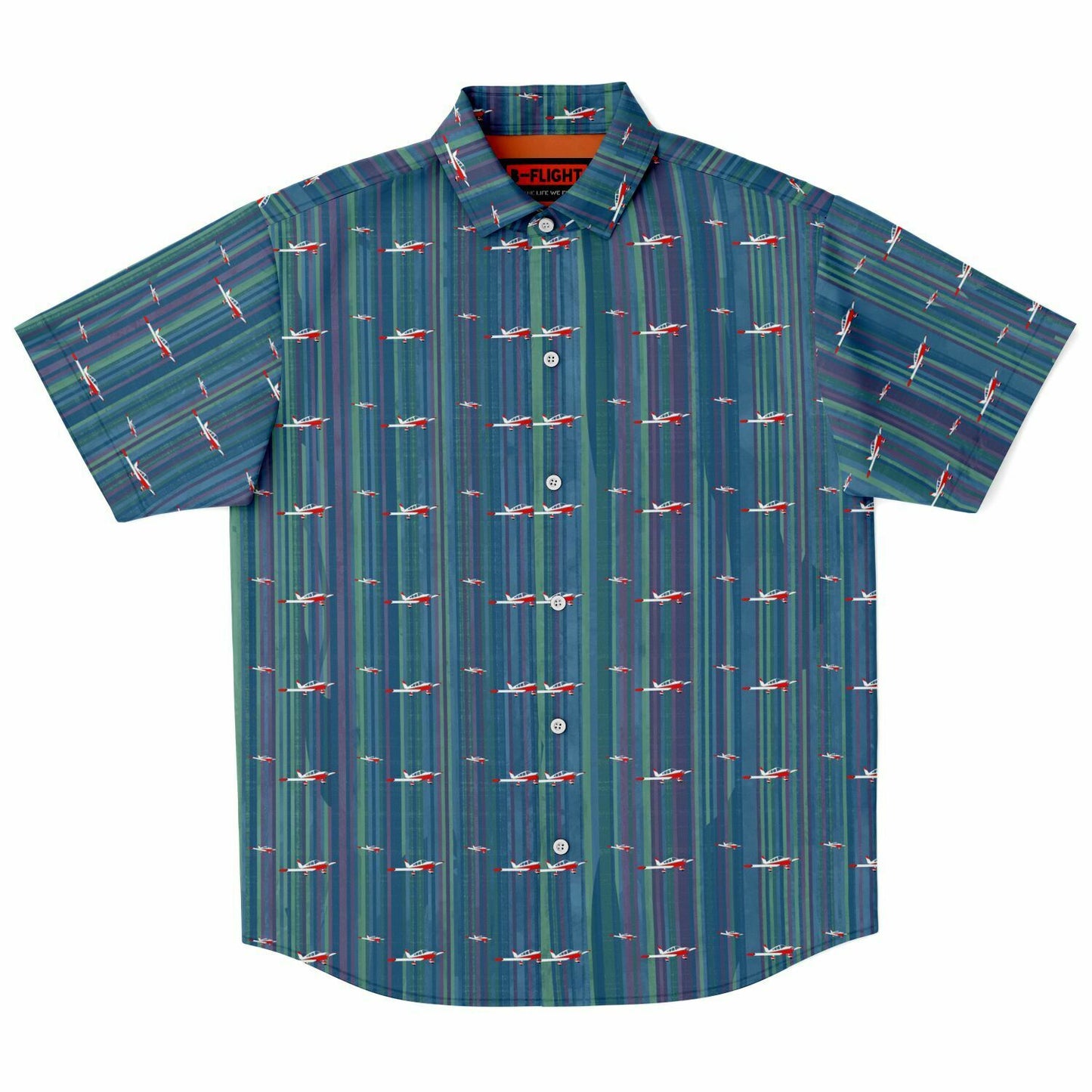 CHEROKEE aircraft Printed Short Sleeve Button Down Shirt - Vintage blue - poplin