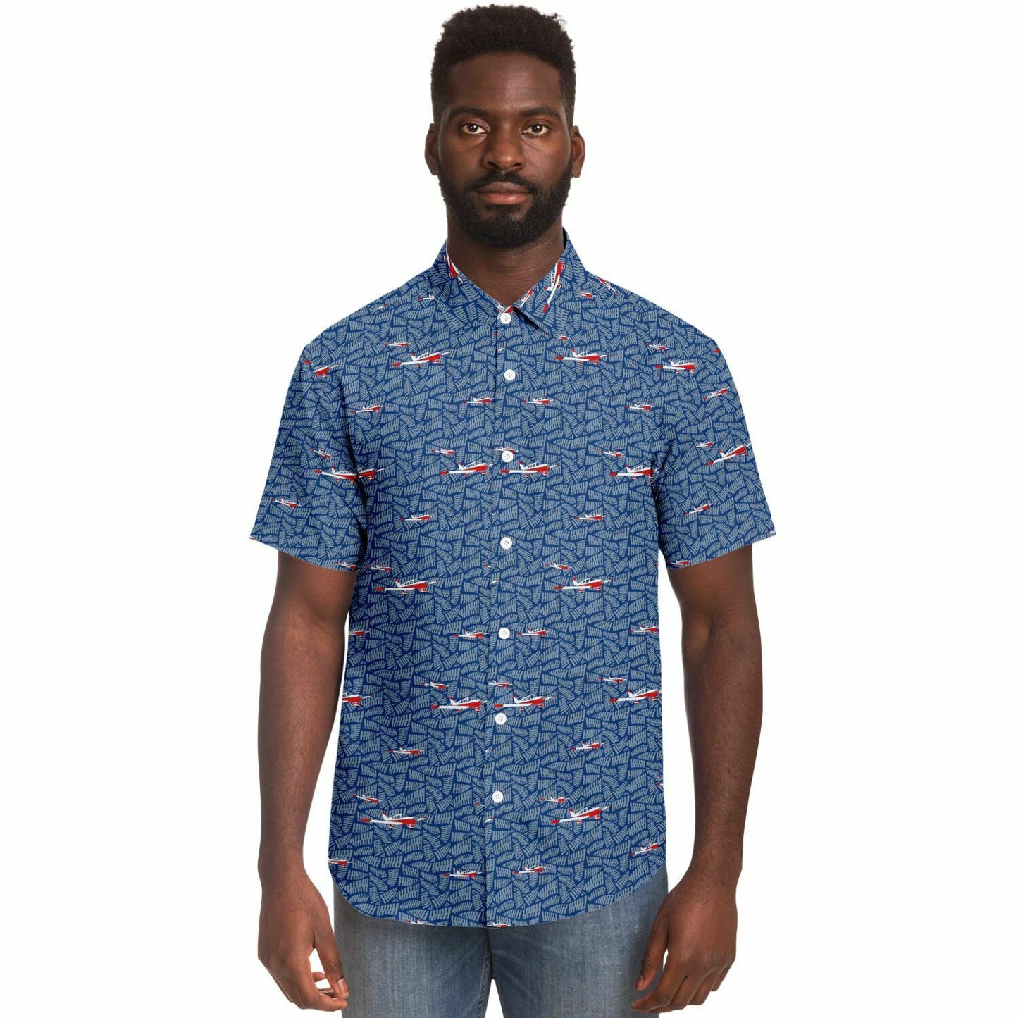 Button-down CHEROKEE aircraft printed Short Sleeve Button Down Shirt - Blue - poplin