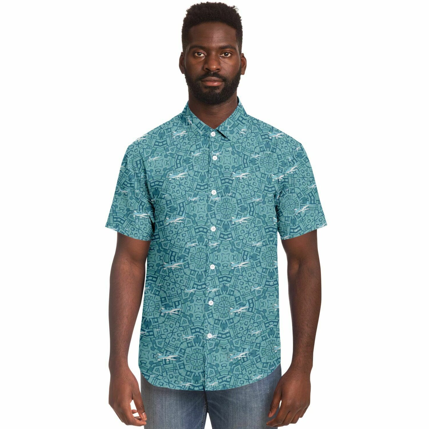 Button-down abstract printed CIRRUS white-blue aircraft - poplin feel- Short-sleeve