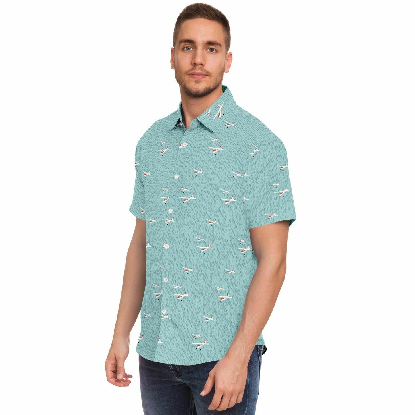 CESSNA 180 Skywagon Printed Short Sleeve Button Down Shirt - Light Turquoise - Poplin