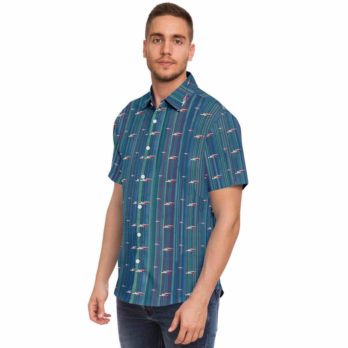 CHEROKEE aircraft Printed Short Sleeve Button Down Shirt - Vintage blue - poplin