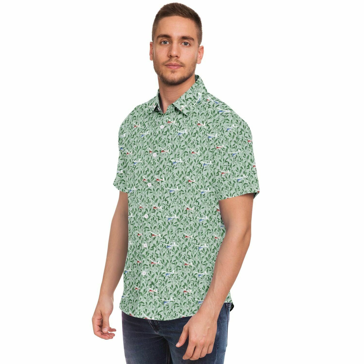 CESSNA 170 Printed Short Sleeve Button Down Shirt - Green leaf - poplin