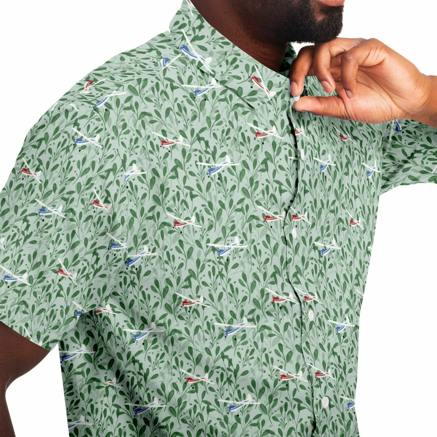 CESSNA 170 Printed Short Sleeve Button Down Shirt - Green leaf - poplin