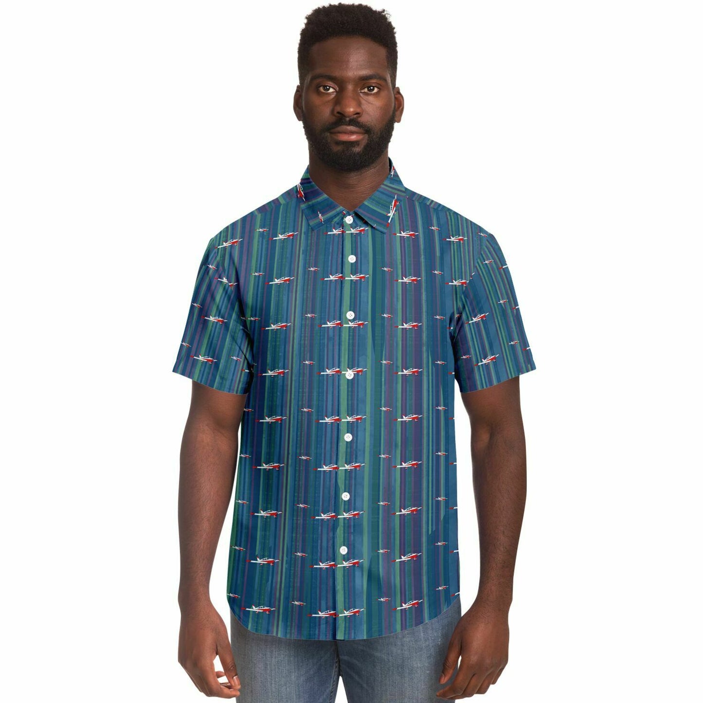 CHEROKEE aircraft Printed Short Sleeve Button Down Shirt - Vintage blue - poplin