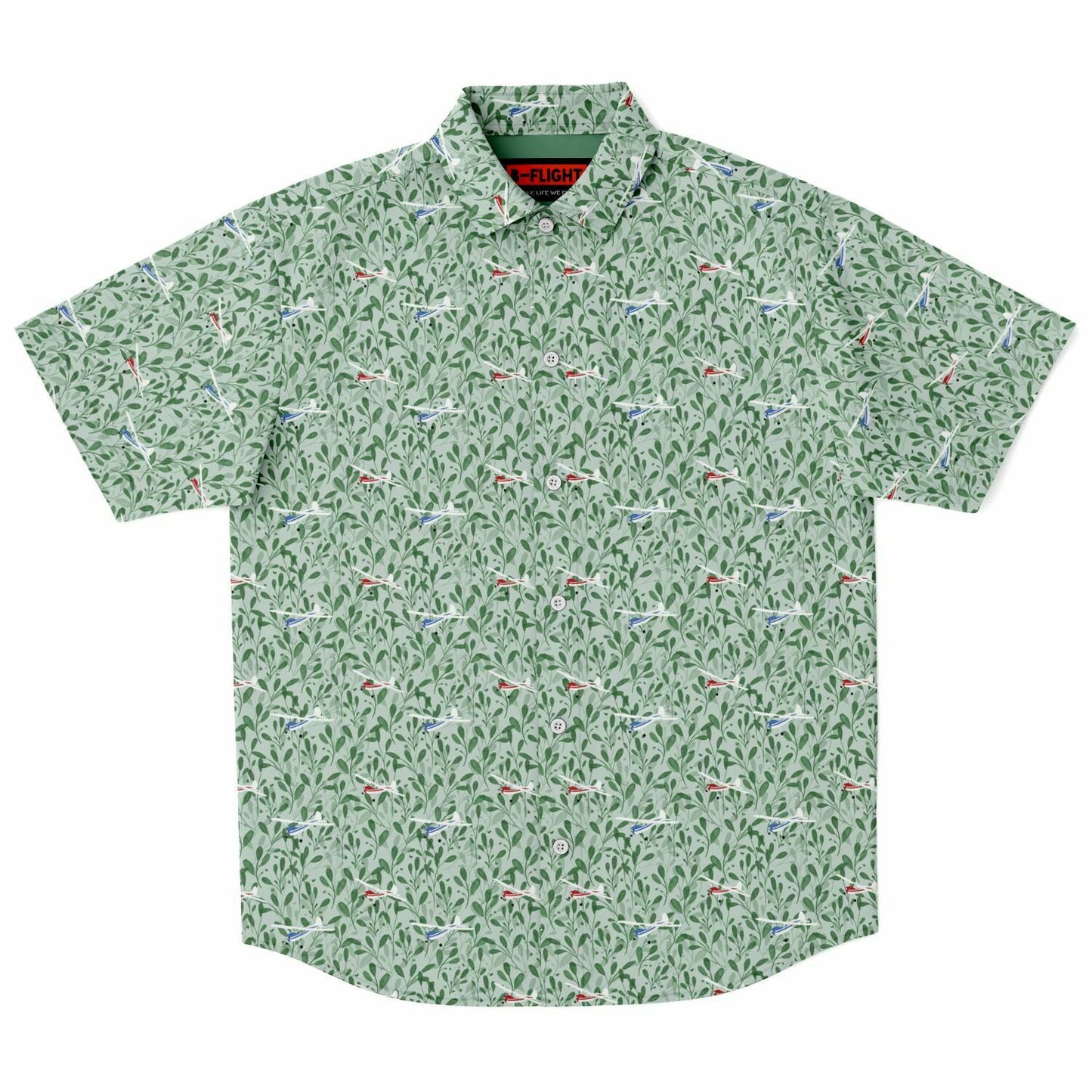 CESSNA 170 Printed Short Sleeve Button Down Shirt - Green leaf - poplin