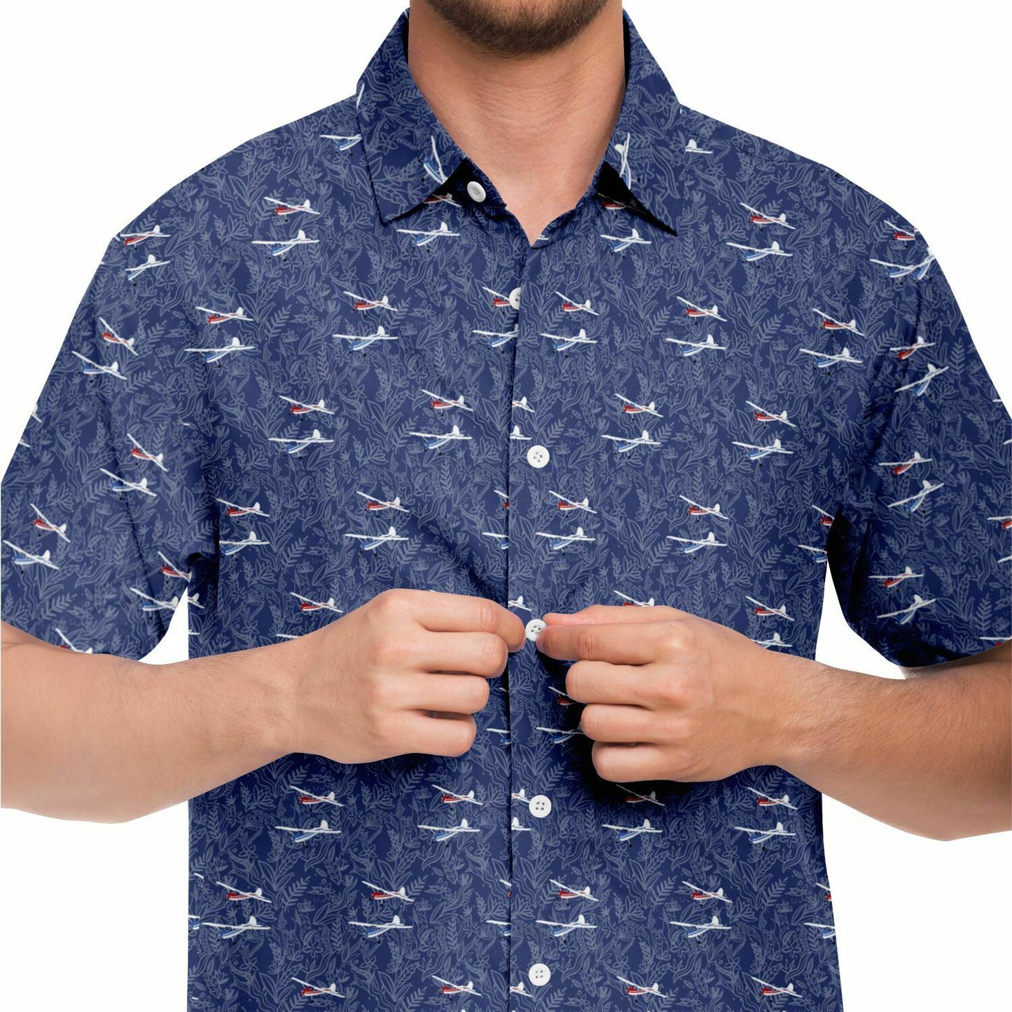 Cessna 170 Printed Short Sleeve Button Down Shirt - navy botanical pattern - poplin