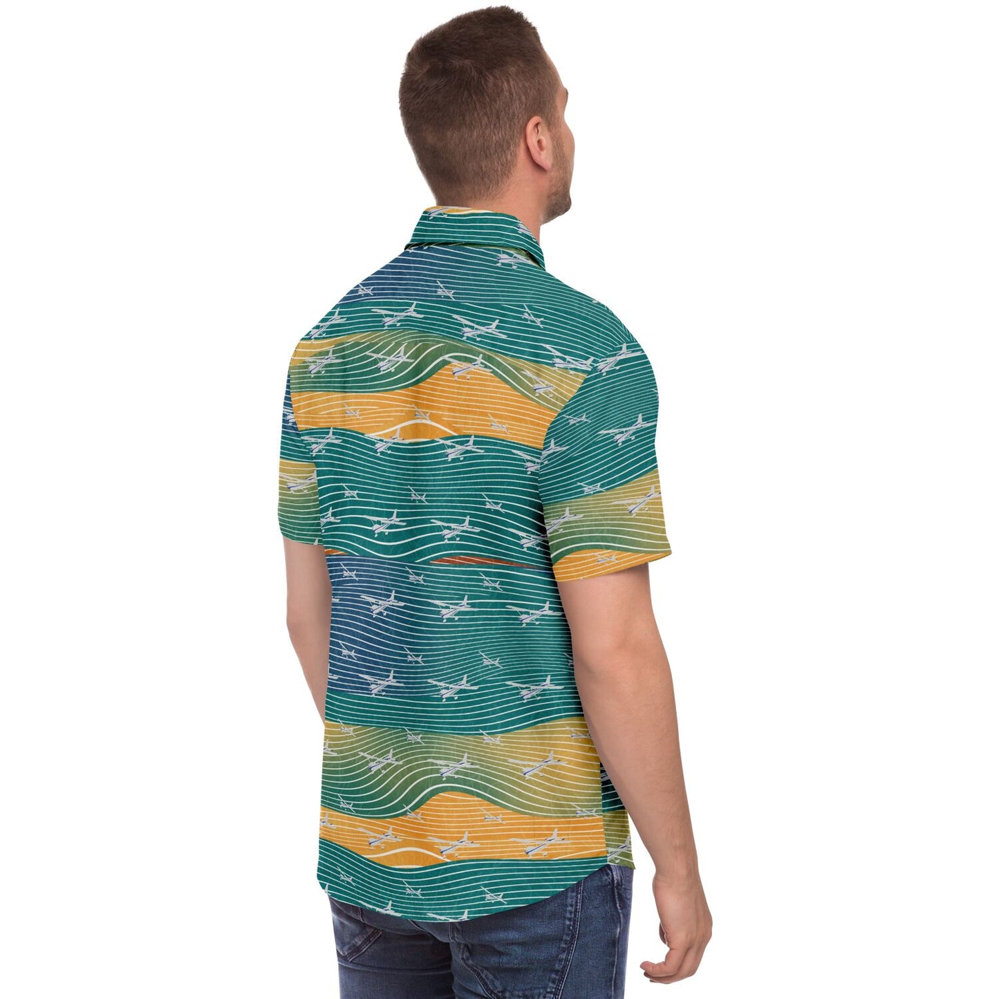 Button-down shirt  CESSNA 172 Skyhawk silver-polished plane Aviation teal abstract line poplin feel- Short-sleeve