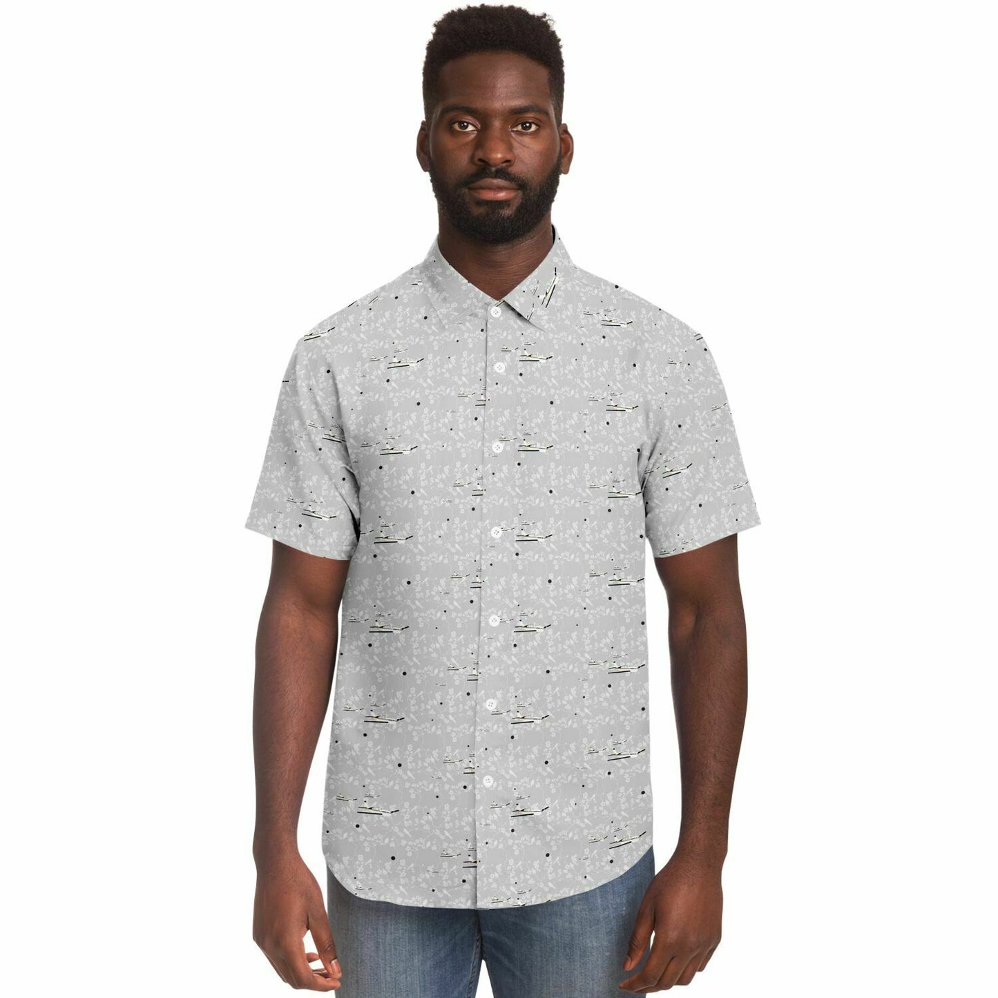 BONANZA F33 Printed Short Sleeve Button Down Shirt - Light grey