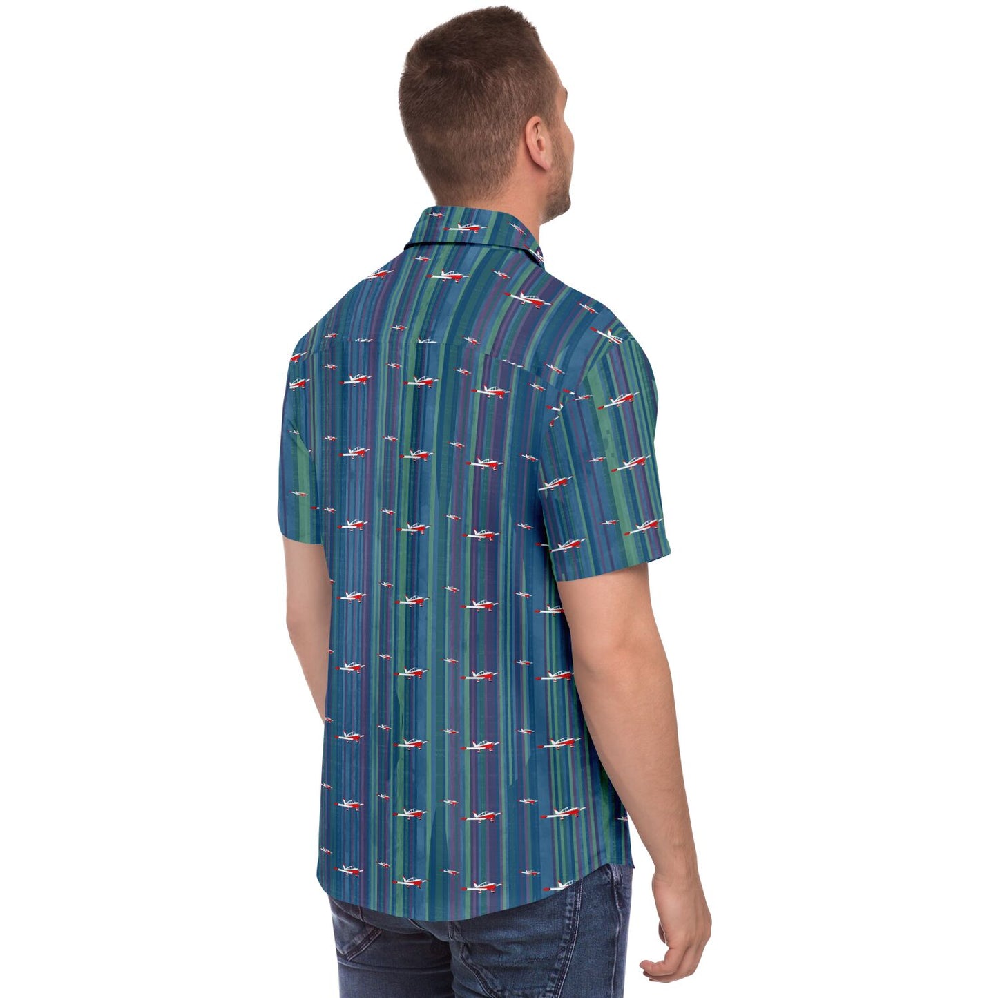 CHEROKEE aircraft Printed Short Sleeve Button Down Shirt - Vintage blue - poplin