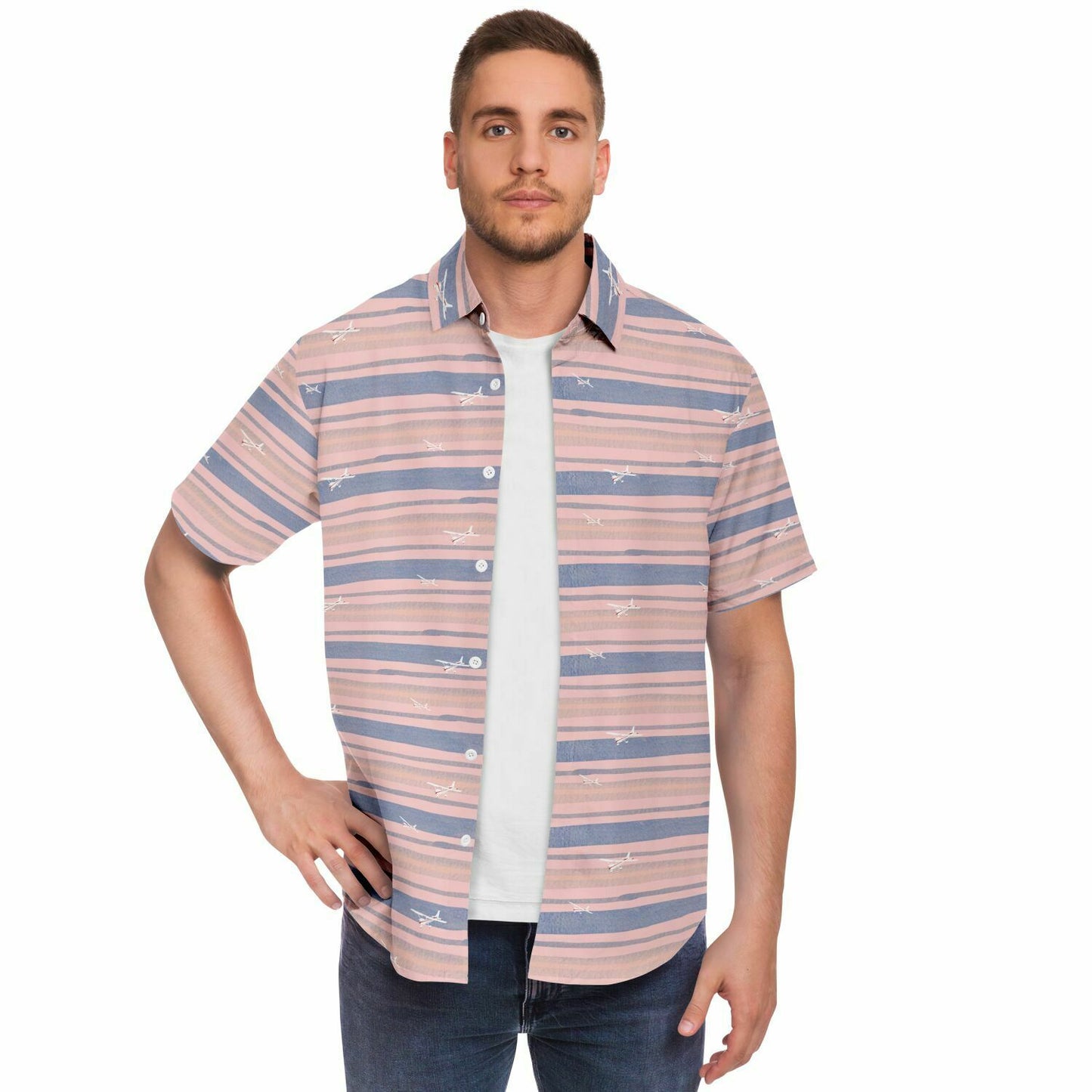 Button-down striped shirt CESSNA 172 Skyhawk white-blue aircraft - poplin feel- Short-sleeve