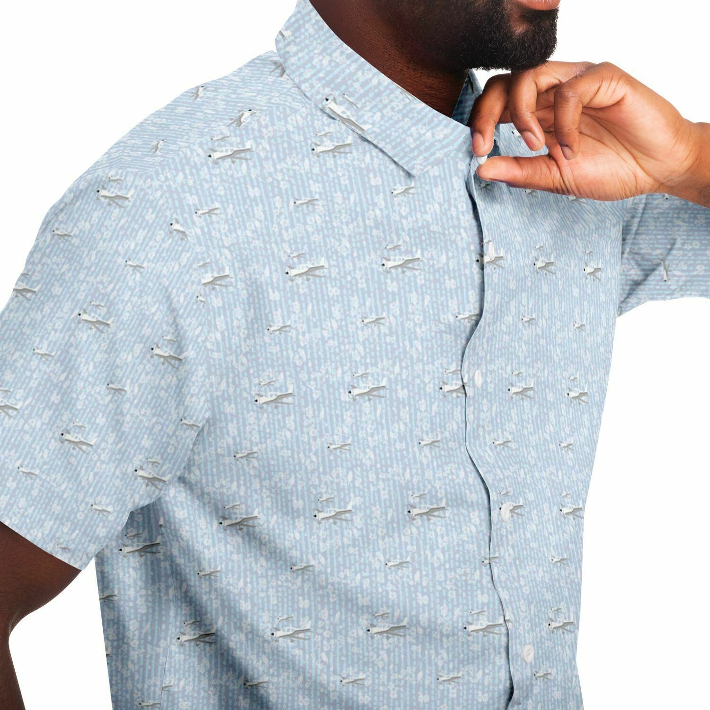 CIRRUS white grey aircraft printed Short Sleeve Button Down Shirt - poplin