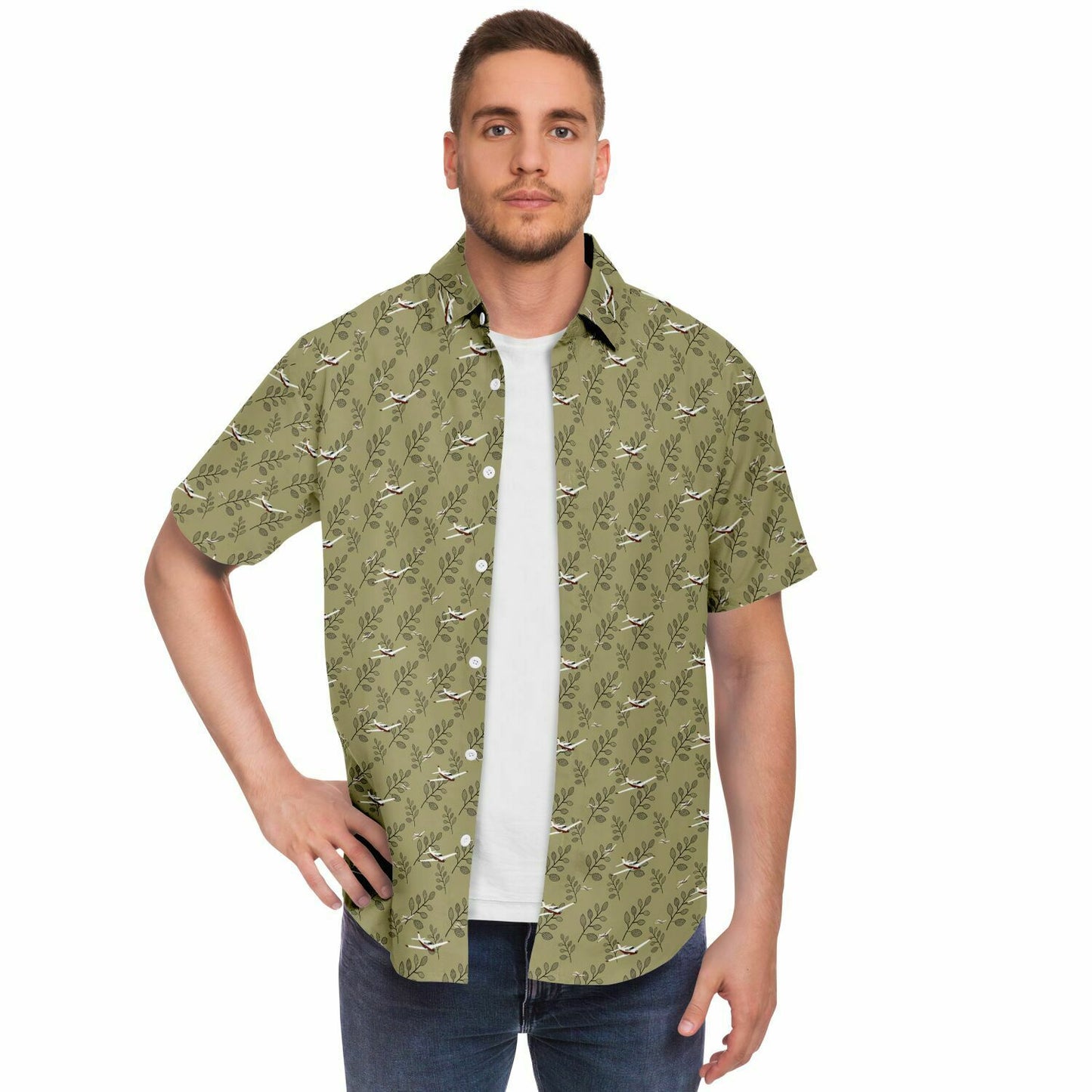 PIPER COMANCHE printed Short Sleeve Button Down Shirt - Olive - poplin