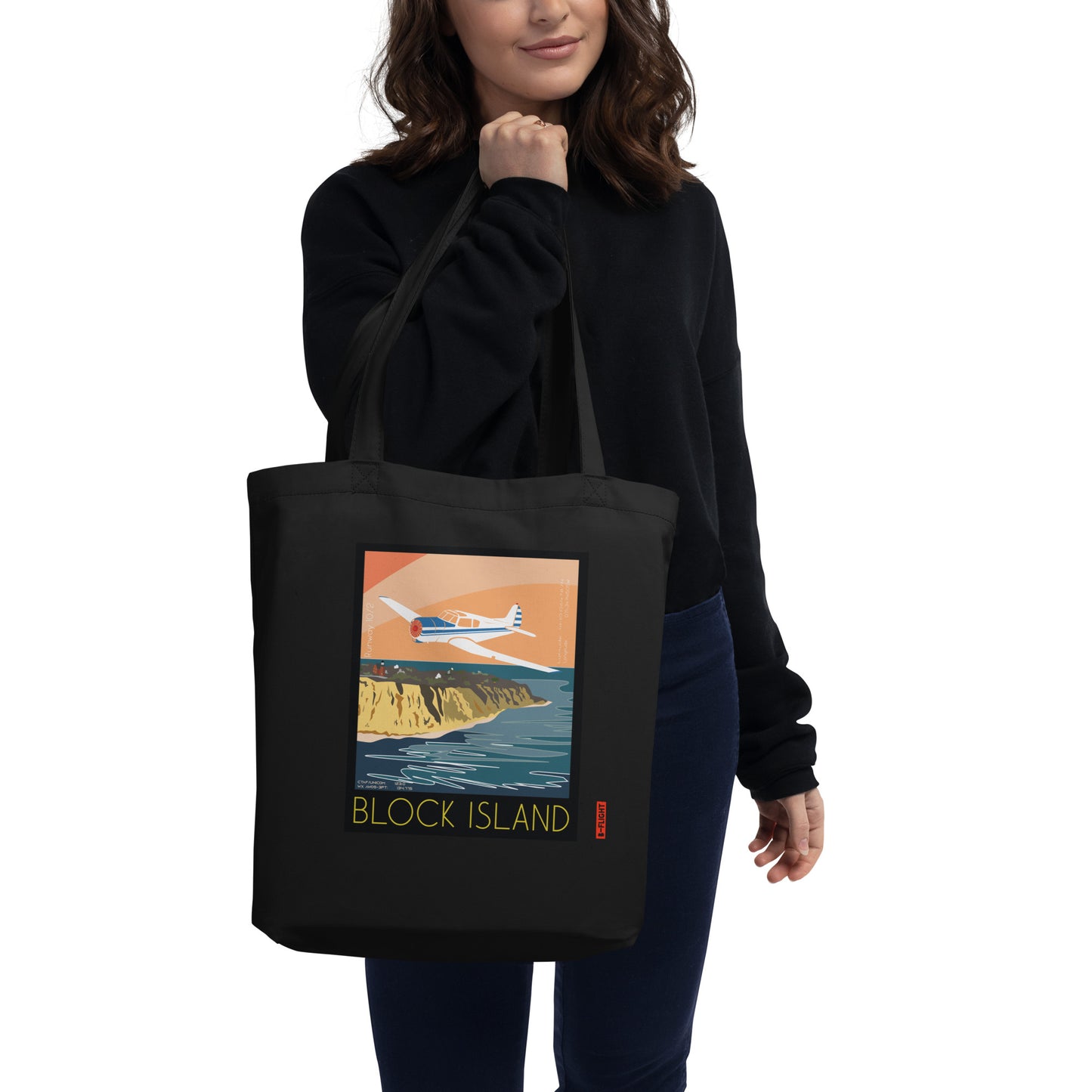 YAK 18T Aviation Eco Organic cotton Tote Bag - Vintage style graphic Block Island airport BID, RI