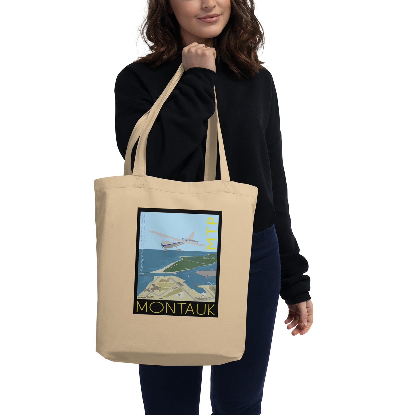 CESSNA 172 Aviation Cotton Eco Tote Bag - Exclusive Vintage  Montauk Airport graphic