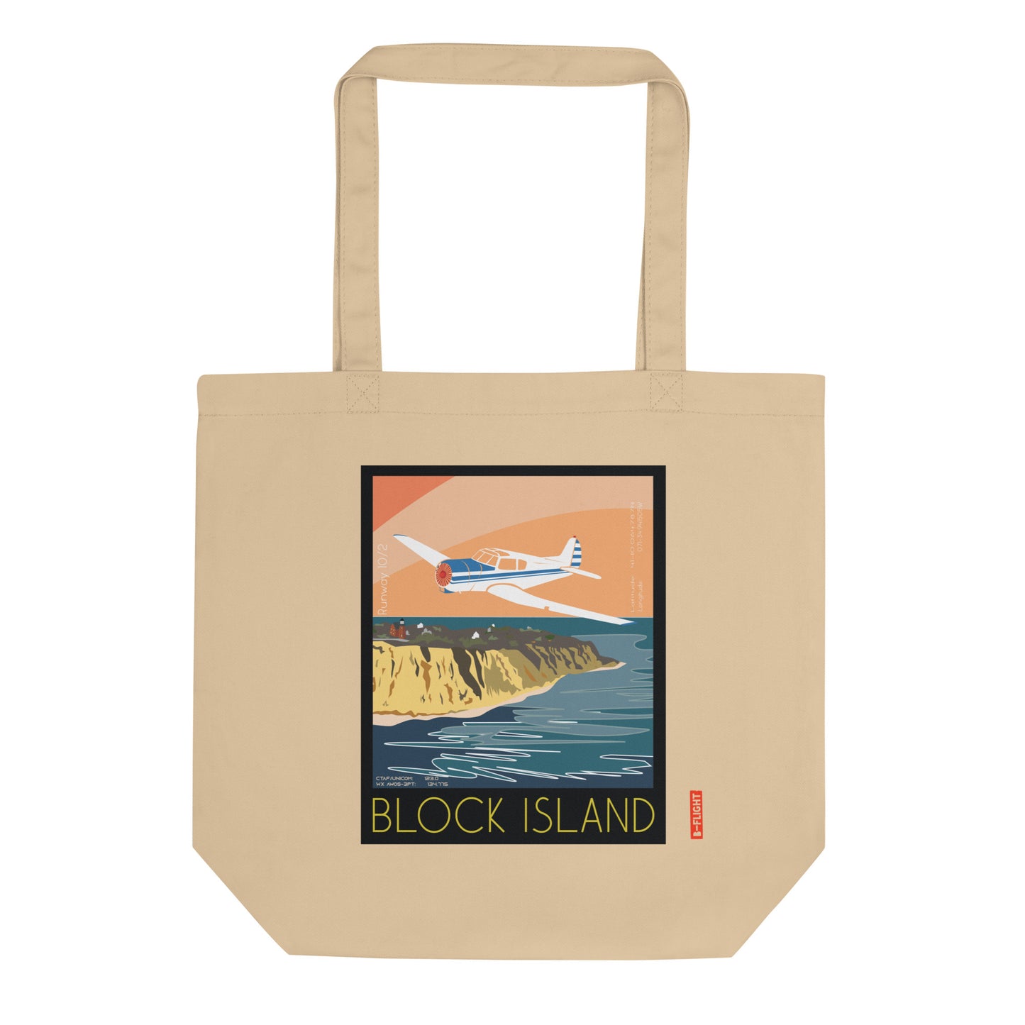 YAK 18T Aviation Eco Organic cotton Tote Bag - Vintage style graphic Block Island airport BID, RI