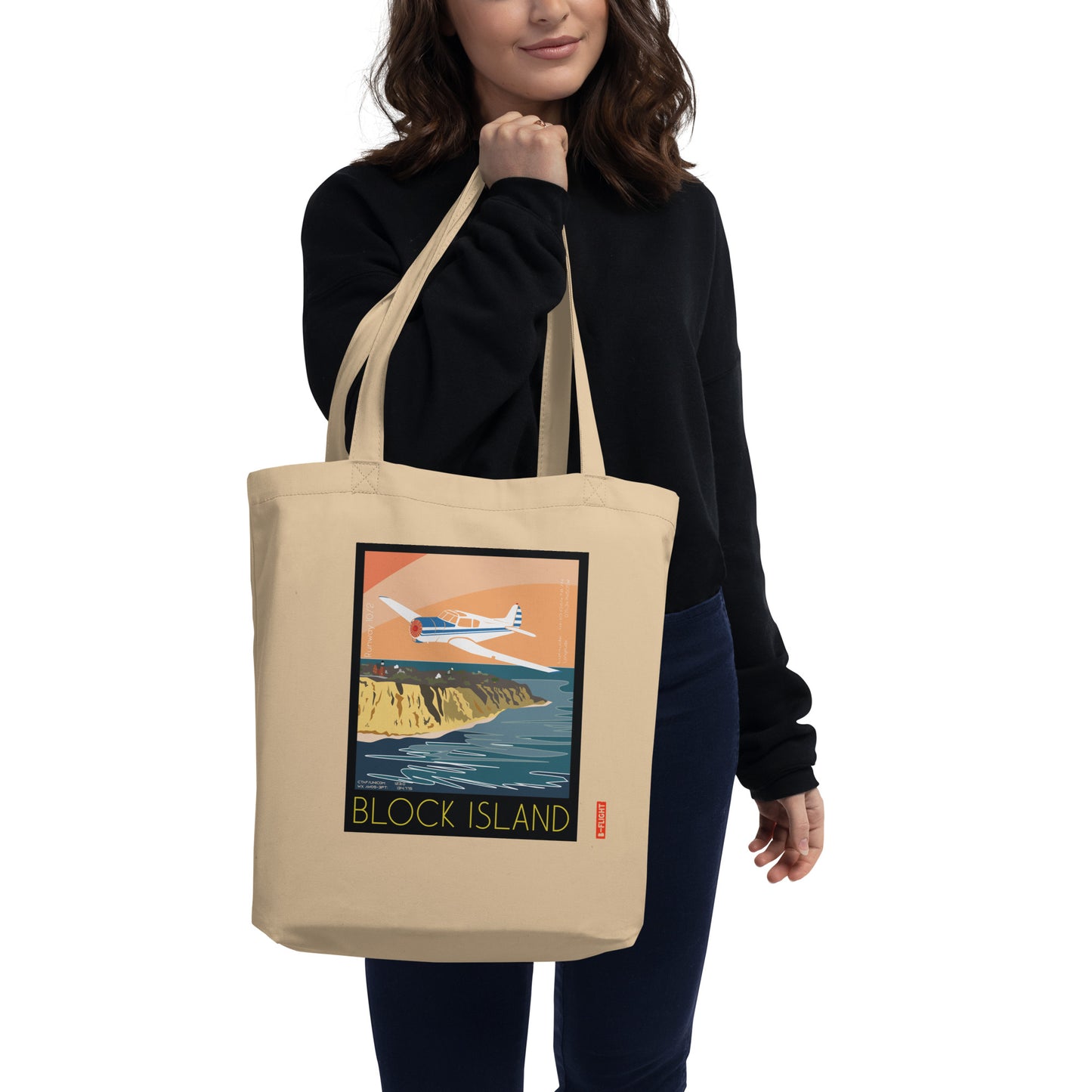 YAK 18T Aviation Eco Organic cotton Tote Bag - Vintage style graphic Block Island airport BID, RI