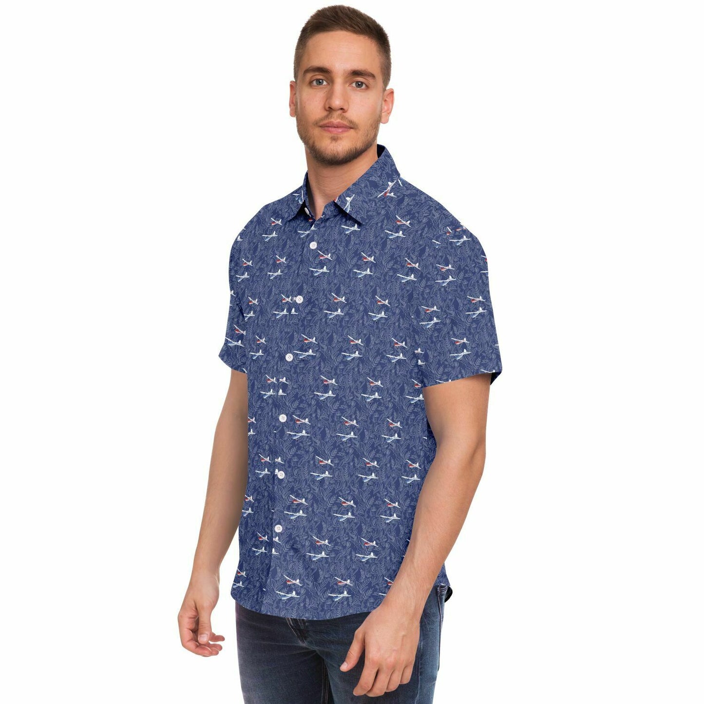 Cessna 170 Printed Short Sleeve Button Down Shirt - navy botanical pattern - poplin