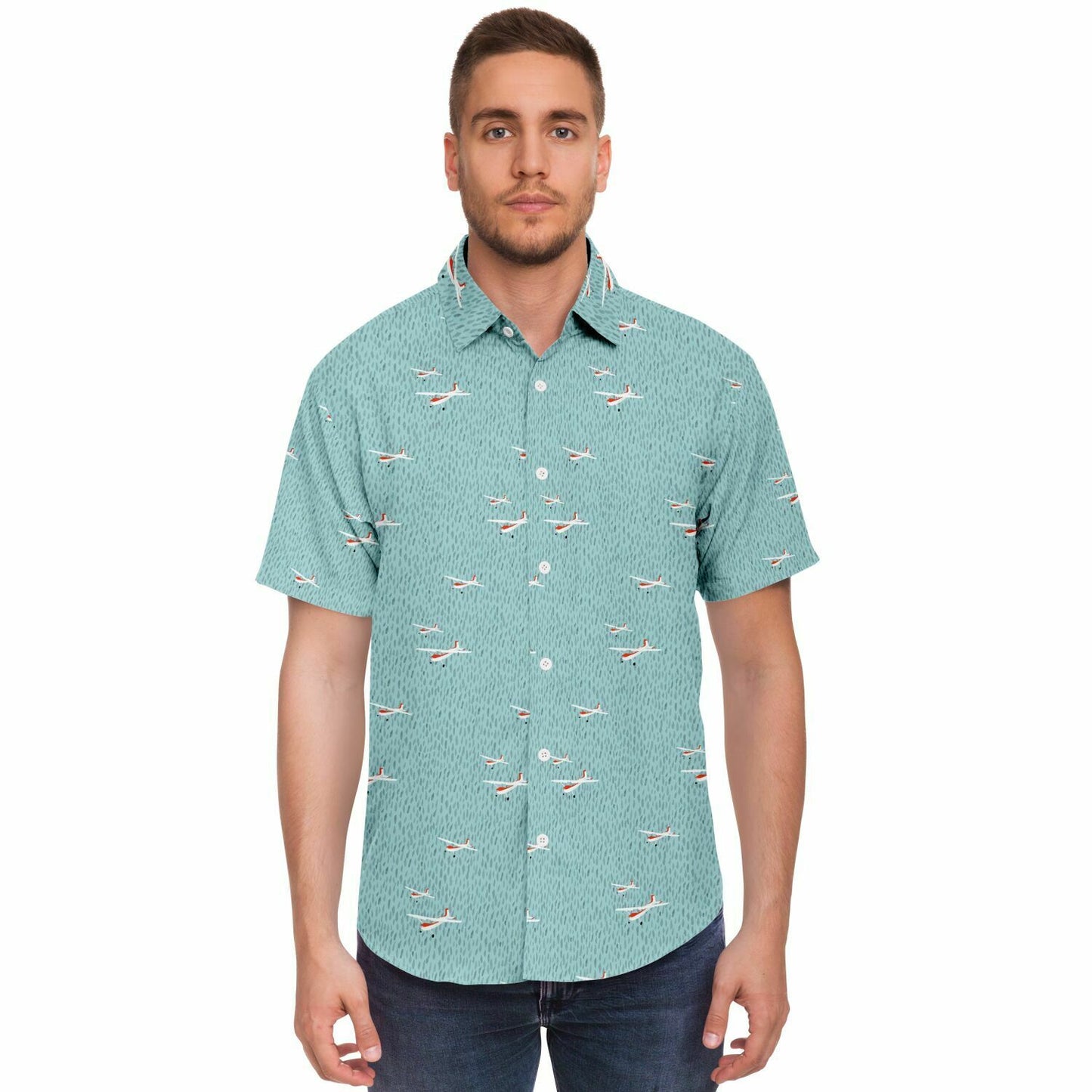 CESSNA 180 Skywagon Printed Short Sleeve Button Down Shirt - Light Turquoise - Poplin