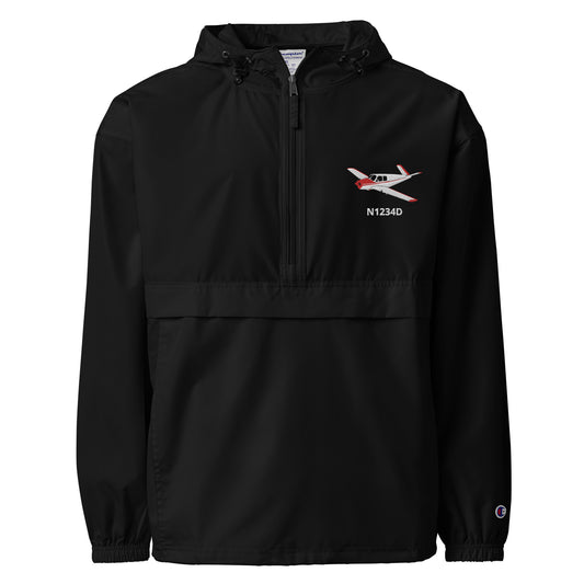 V Tail BONANZA  White Red CUSTOM N Number Aviation Rain weather proof Embroidered Champion Packable Zip Jacket - Minimum 2