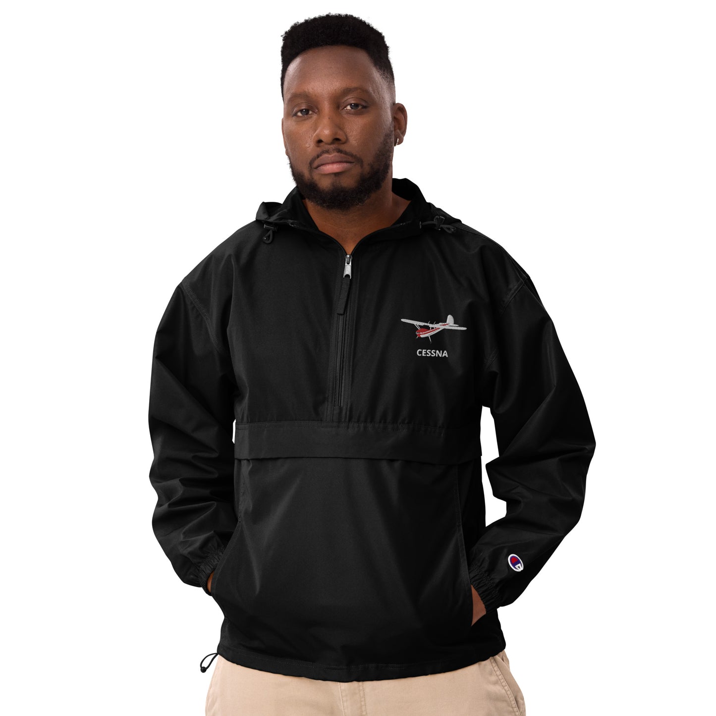 CESSNA 140 White - Red Trim Aviation Rain weather proof Embroidered Champion Packable Zip Jacket