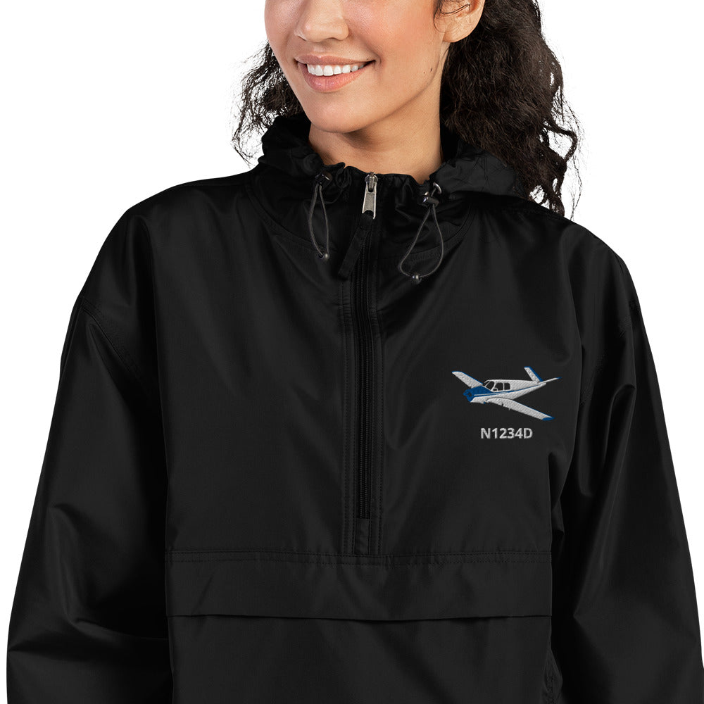 V Tail BONANZA  White Blue CUSTOM N Number Aviation Rain weather proof Embroidered Champion Packable Zip Jacket