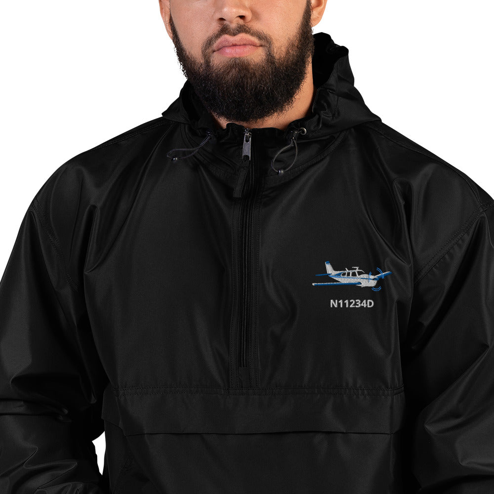 BONANZA F33 Blue - white plane CUSTOM N NUMBER  Aviation Rain weather proof Embroidered Champion Packable Zip Jacket