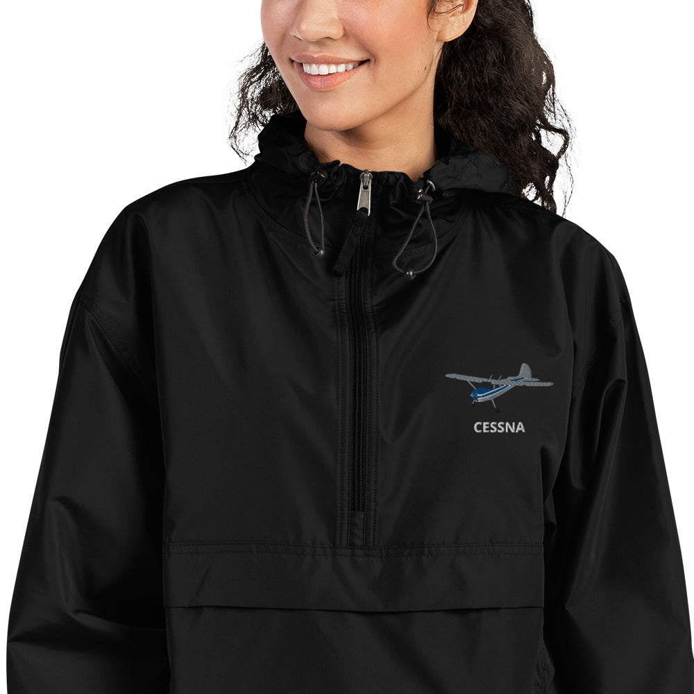 CESSNA 170 Polished grey - Blue Trim  Aviation Rain weather proof Embroidered Champion Packable Zip Jacket.