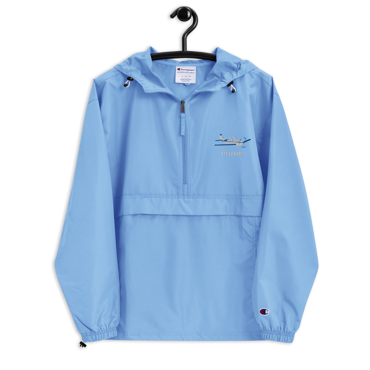 BONANZA F33 Blue - white plane CUSTOM N NUMBER  Aviation Rain weather proof Embroidered Champion Packable Zip Jacket