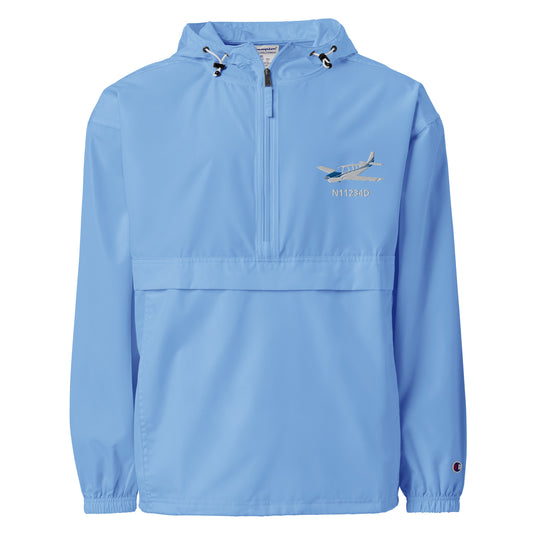 BONANZA A36 White- Blue  CUSTOM N Number Aviation Rain weather proof Embroidered Champion Packable Zip Jacket.- Minimum 2