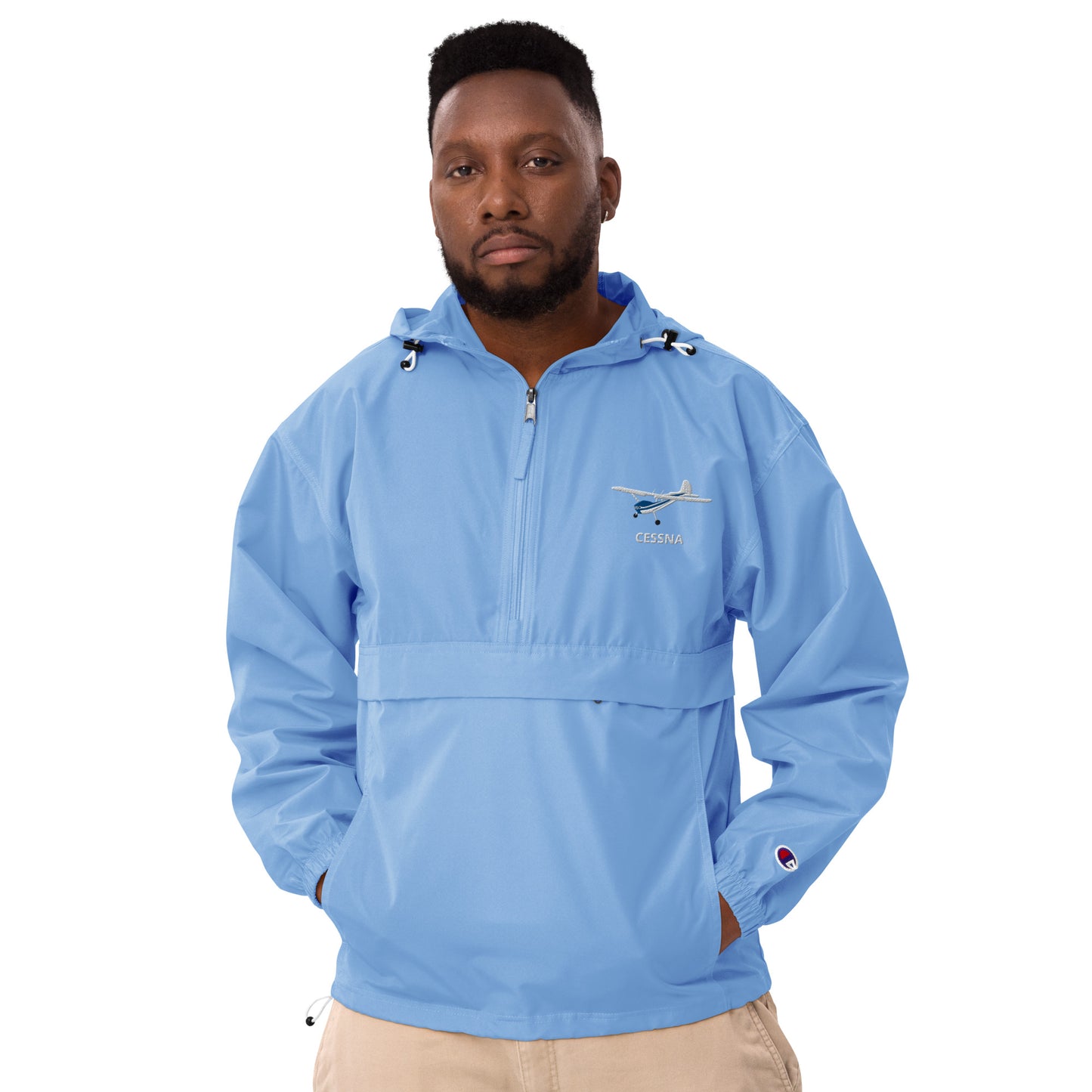 CESSNA 170 White - Blue Trim  Aviation Rain weather proof Embroidered Champion Packable Zip Jacket.