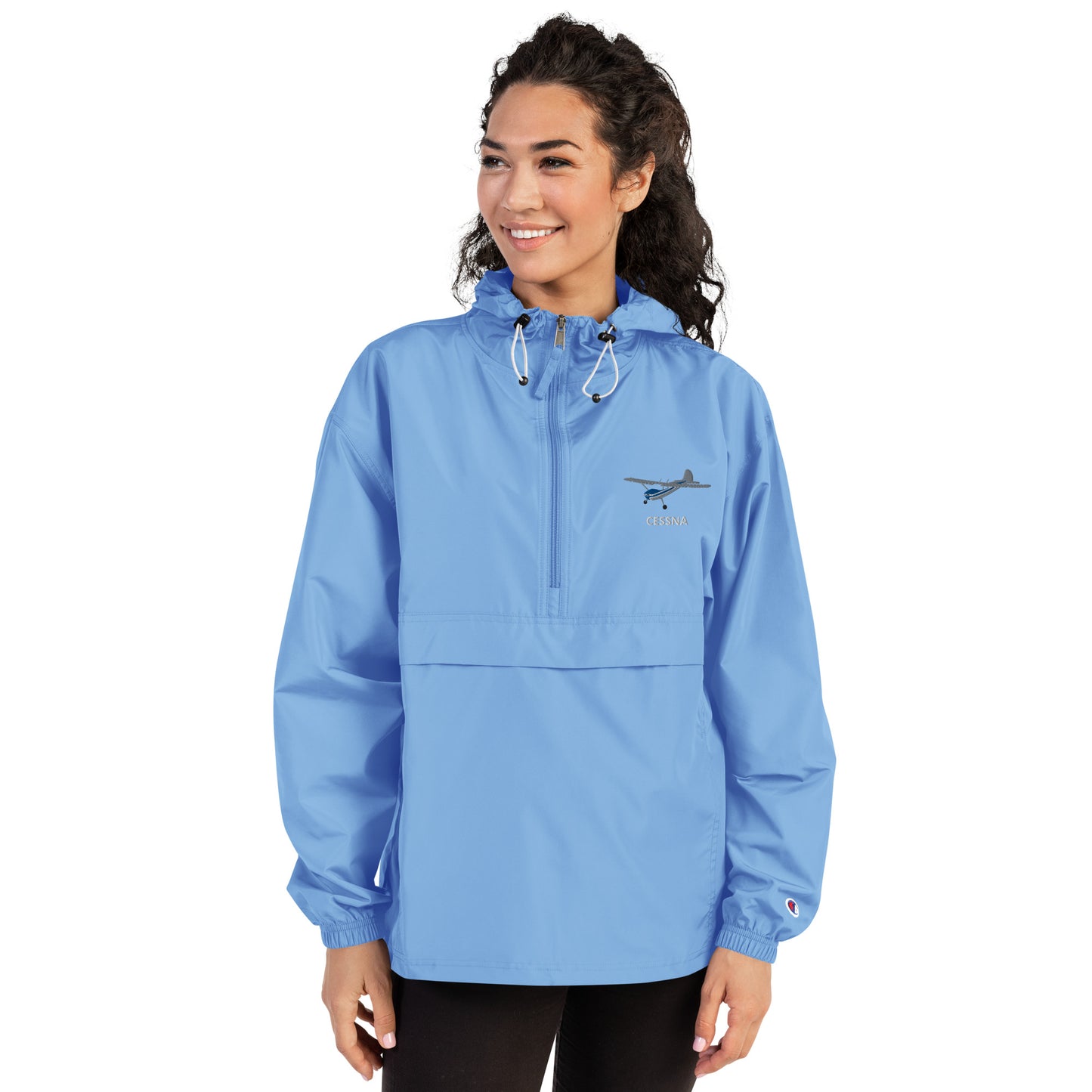 CESSNA 170 Polished grey - Blue Trim  Aviation Rain weather proof Embroidered Champion Packable Zip Jacket.