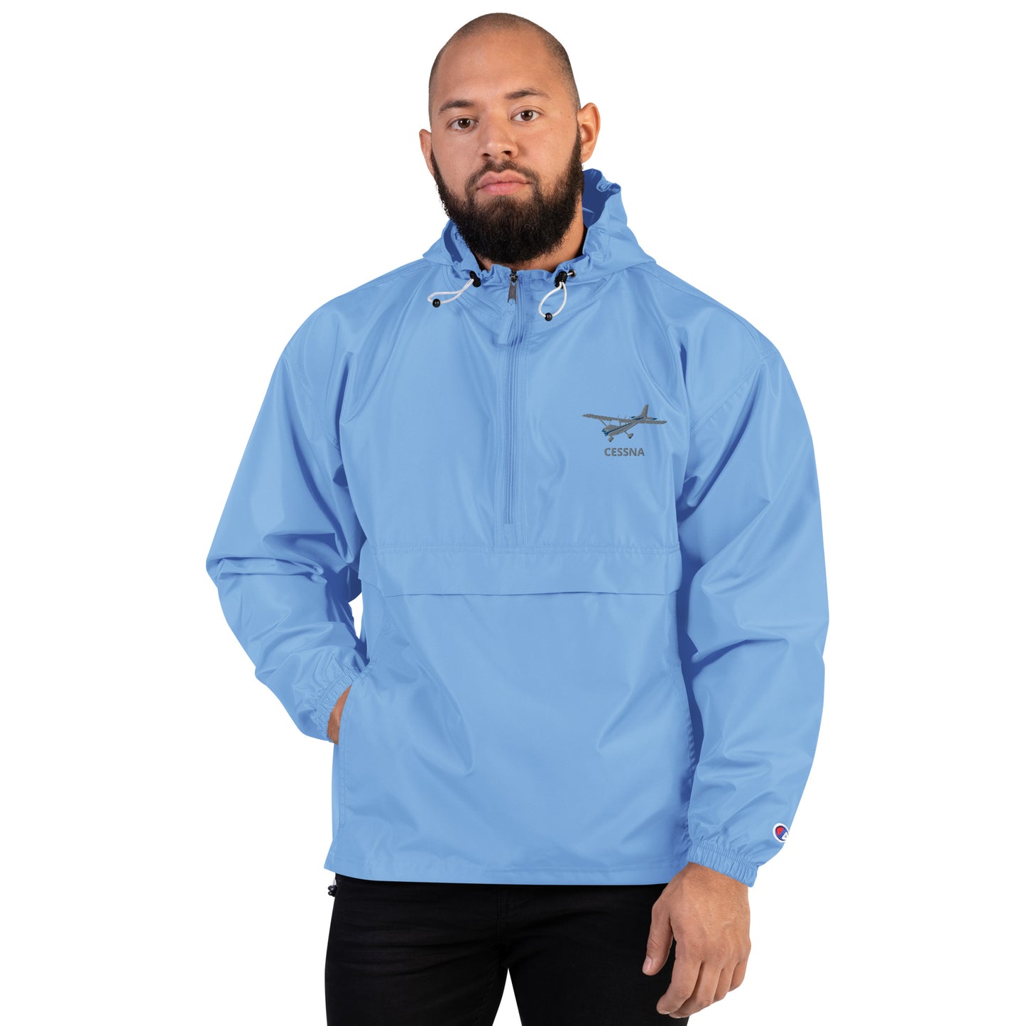 CESSNA 172 Skyhawk Polished grey - Blue Trim Aviation Rain weather proof Embroidered Champion Packable Zip Jacket