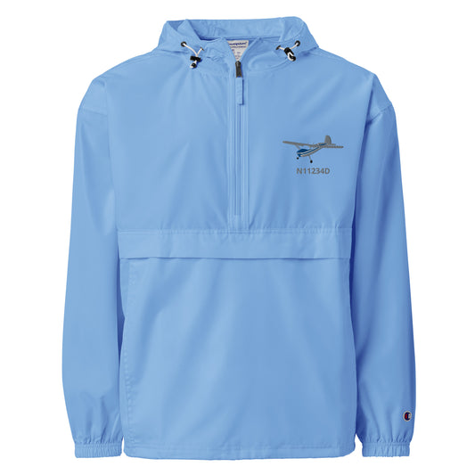 CESSNA 140 Polished grey - Blue CUSTOM N NUMBER Aviation Rain weather proof Embroidered Champion Packable Zip Jacket - Minimum 2