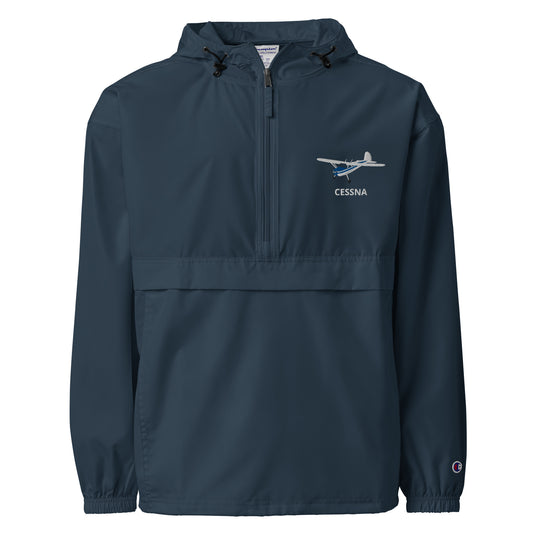 CESSNA 140 White - Blue Trim Aviation Rain weather proof Embroidered Champion Packable Zip Jacket
