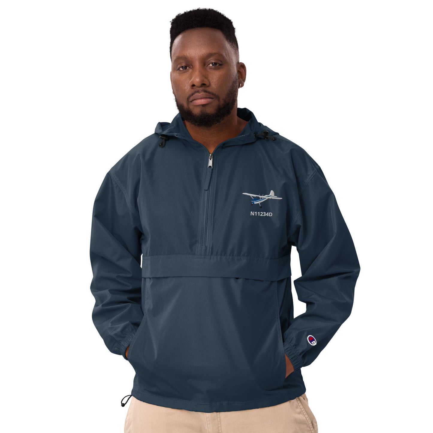 CESSNA 170 White - Blue Trim CUSTOM N NUMBER Aviation Rain weather proof Embroidered Champion Packable Zip Jacket