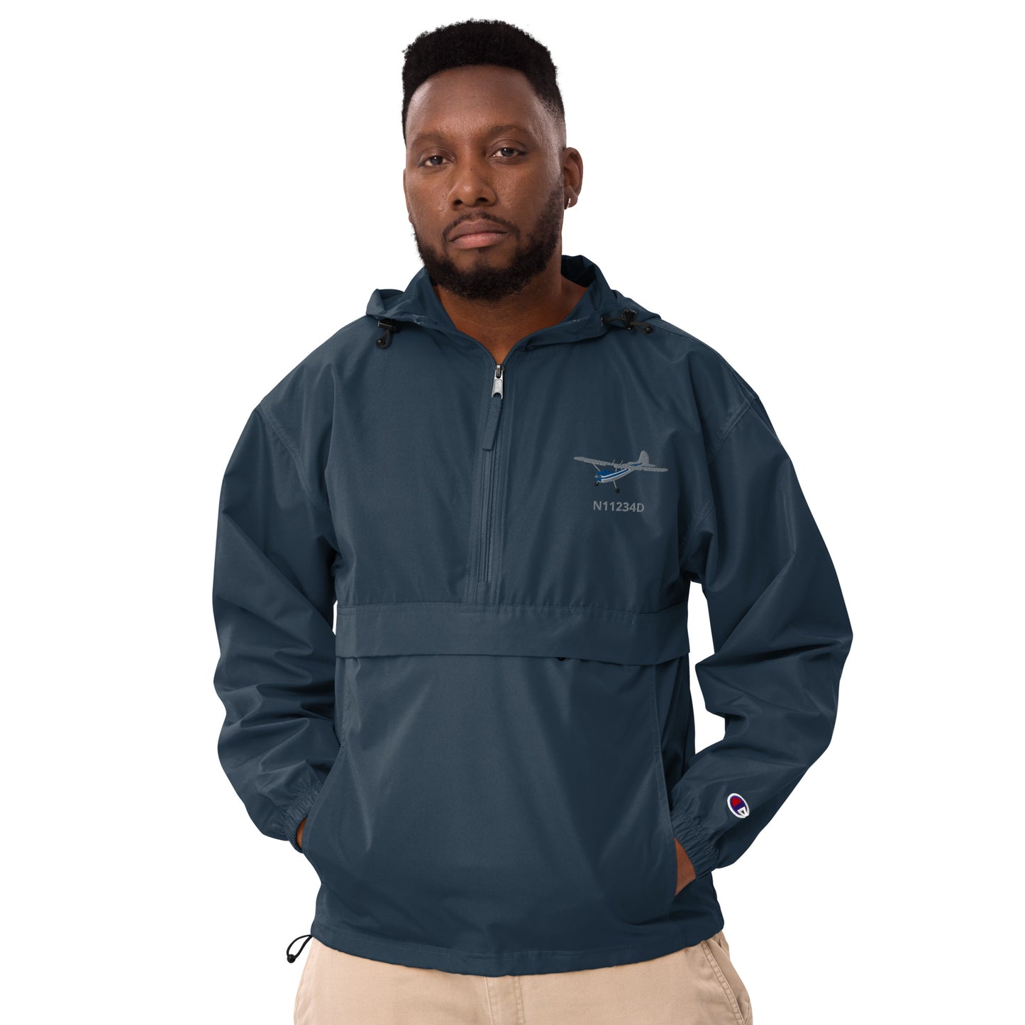 CESSNA 170 Polished grey - Blue Trim CUSTOM N NUMBER Aviation Rain weather proof Embroidered Champion Packable Zip Jacket